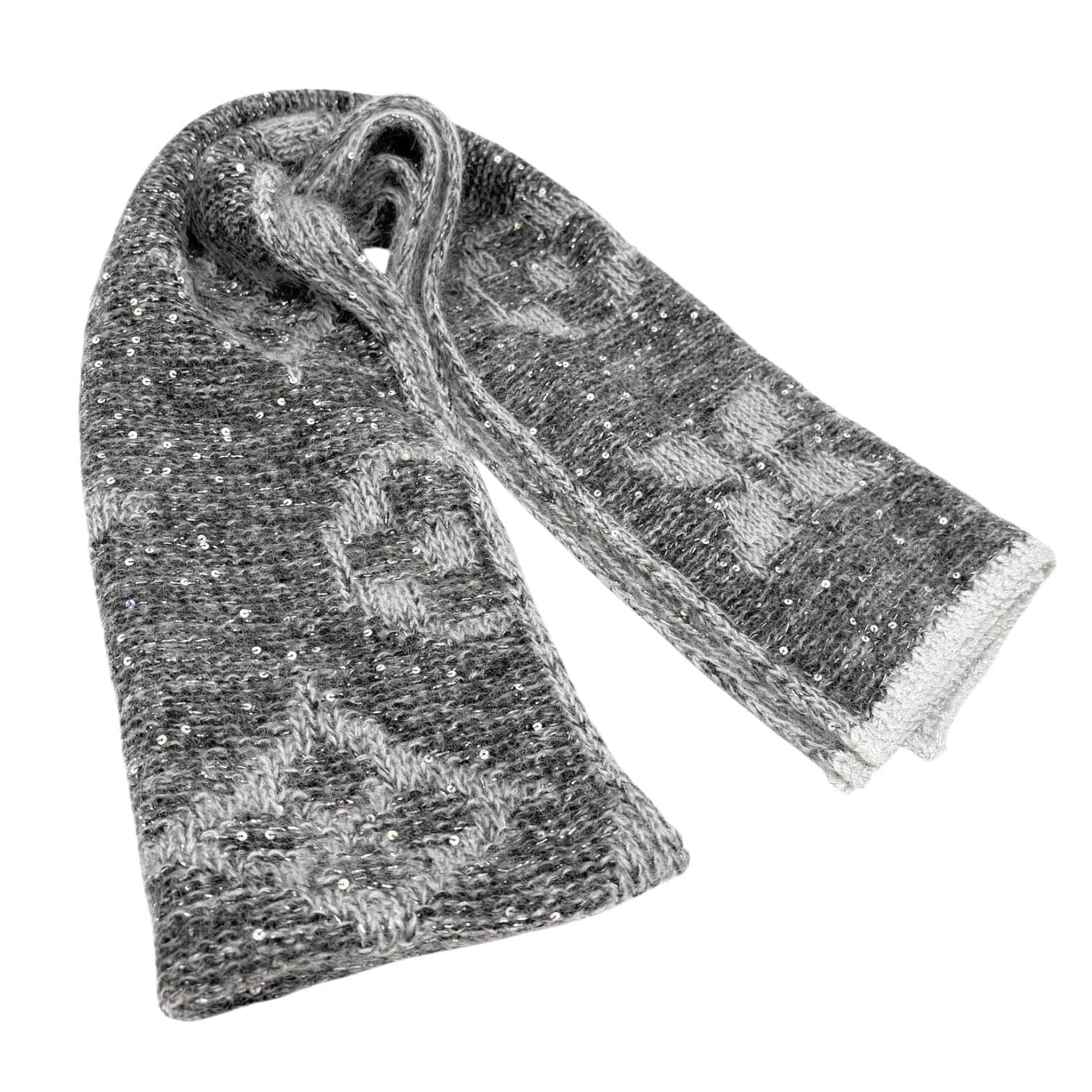 Luxury Promise LOUIS VUITTON Vintage Monogram Logo Knit Sequins Scarf Muffler Wrap Gray Mohair