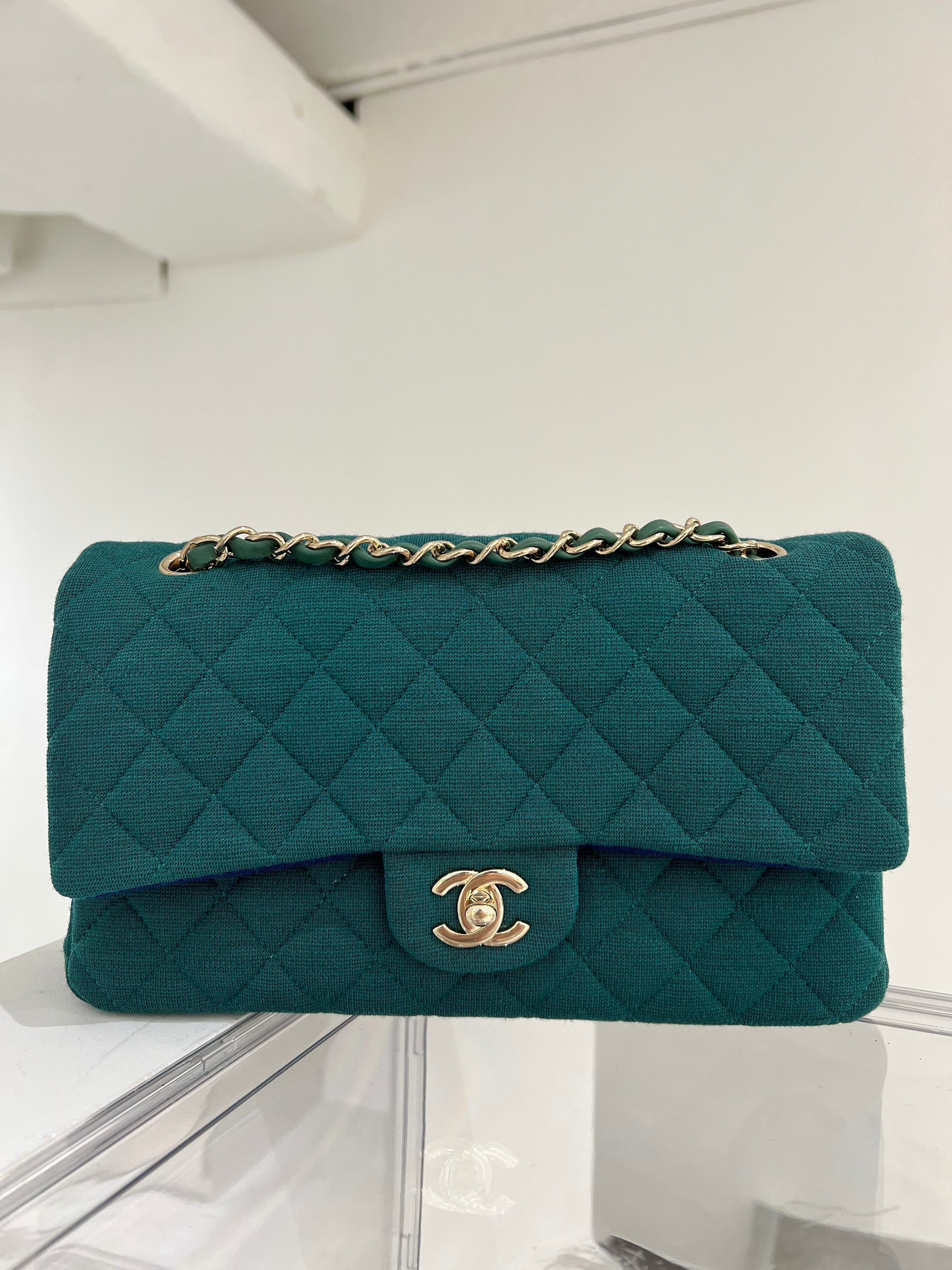 Luxury Promise Chanel Classic Double Flap Medium Green / Blue Jersey LGHW #28517313 (Y2019) - W auth card only SYC8400X