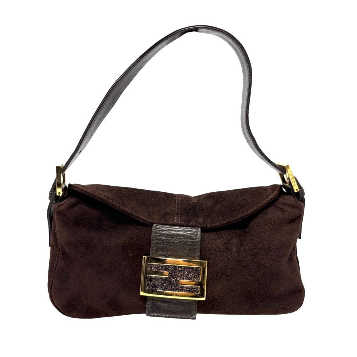 Luxury Promise FENDI Vintage FF Logo Mamma Baguette Shoulder Bag Handbag Brown Gold Suede