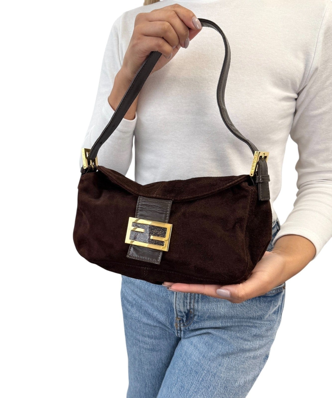 Luxury Promise FENDI Vintage FF Logo Mamma Baguette Shoulder Bag Handbag Brown Gold Suede