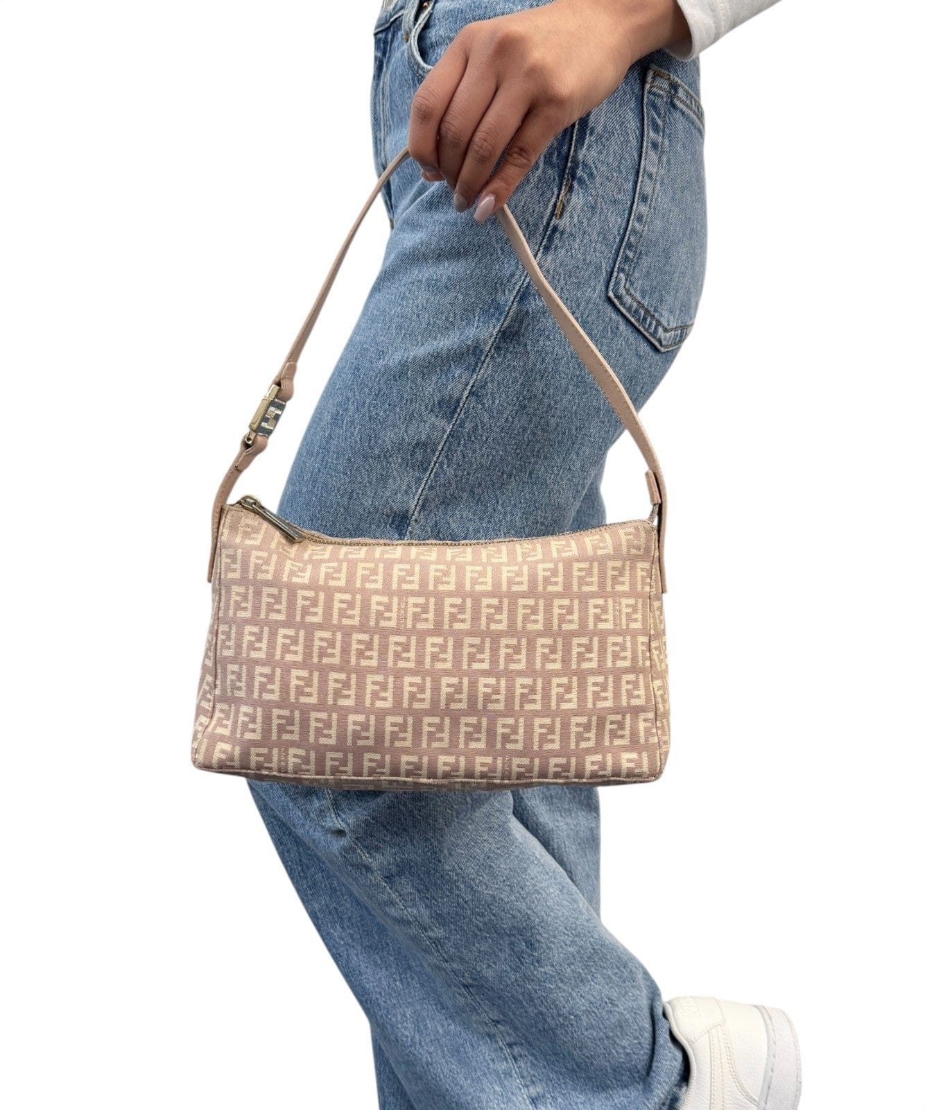 Luxury Promise FENDI Vintage Logo Zucchino Monogram Shoulder Bag Pochette Beige Pink Cotton