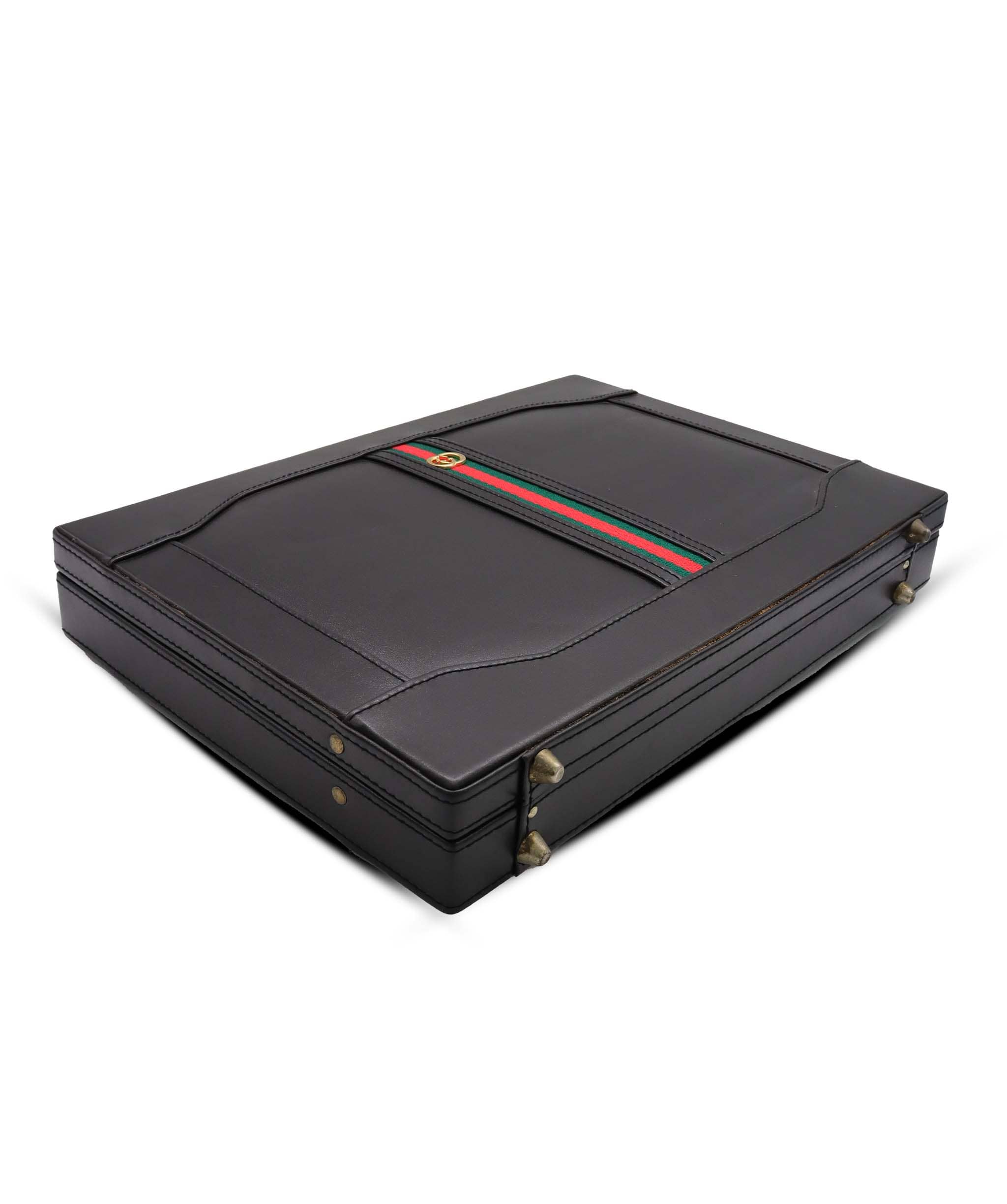 Luxury Promise GUCCI Web Sherry Line Attache Case Hand Bag Leather Black Gold Auth 150578