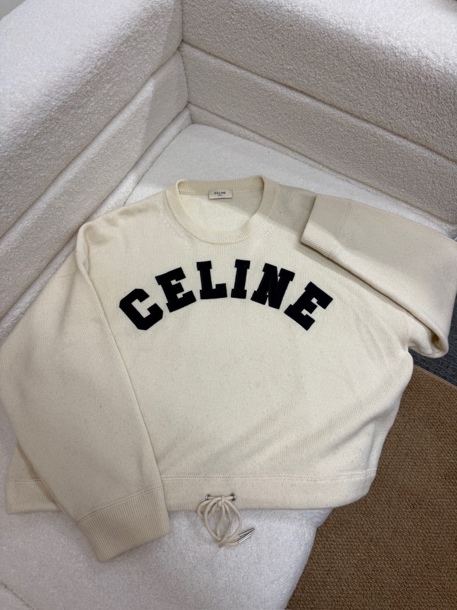 LUXURY PROMISE Celine Logo Wool Knit Sweater - Ecru / Black - Size M