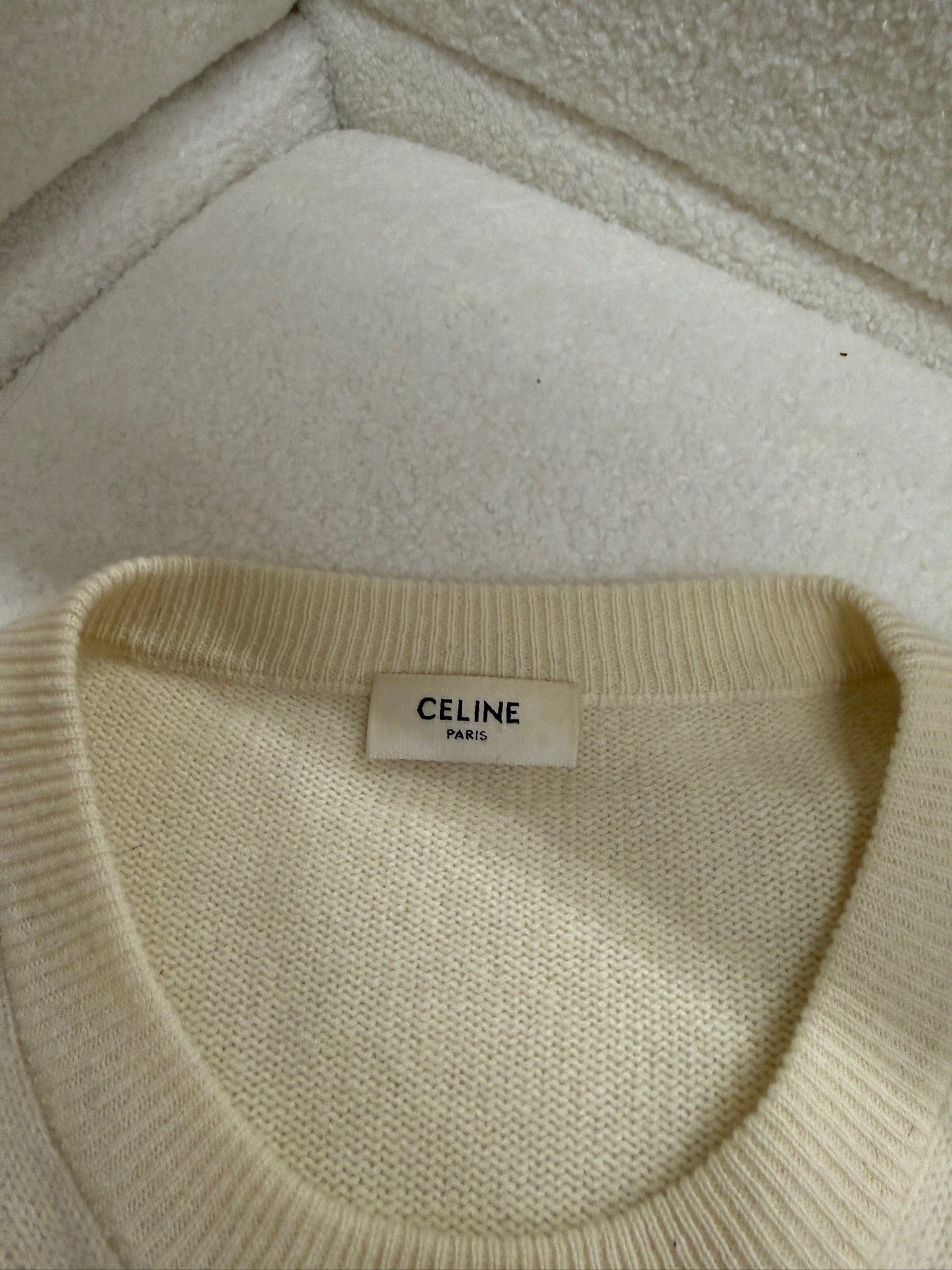 LUXURY PROMISE Celine Logo Wool Knit Sweater - Ecru / Black - Size M