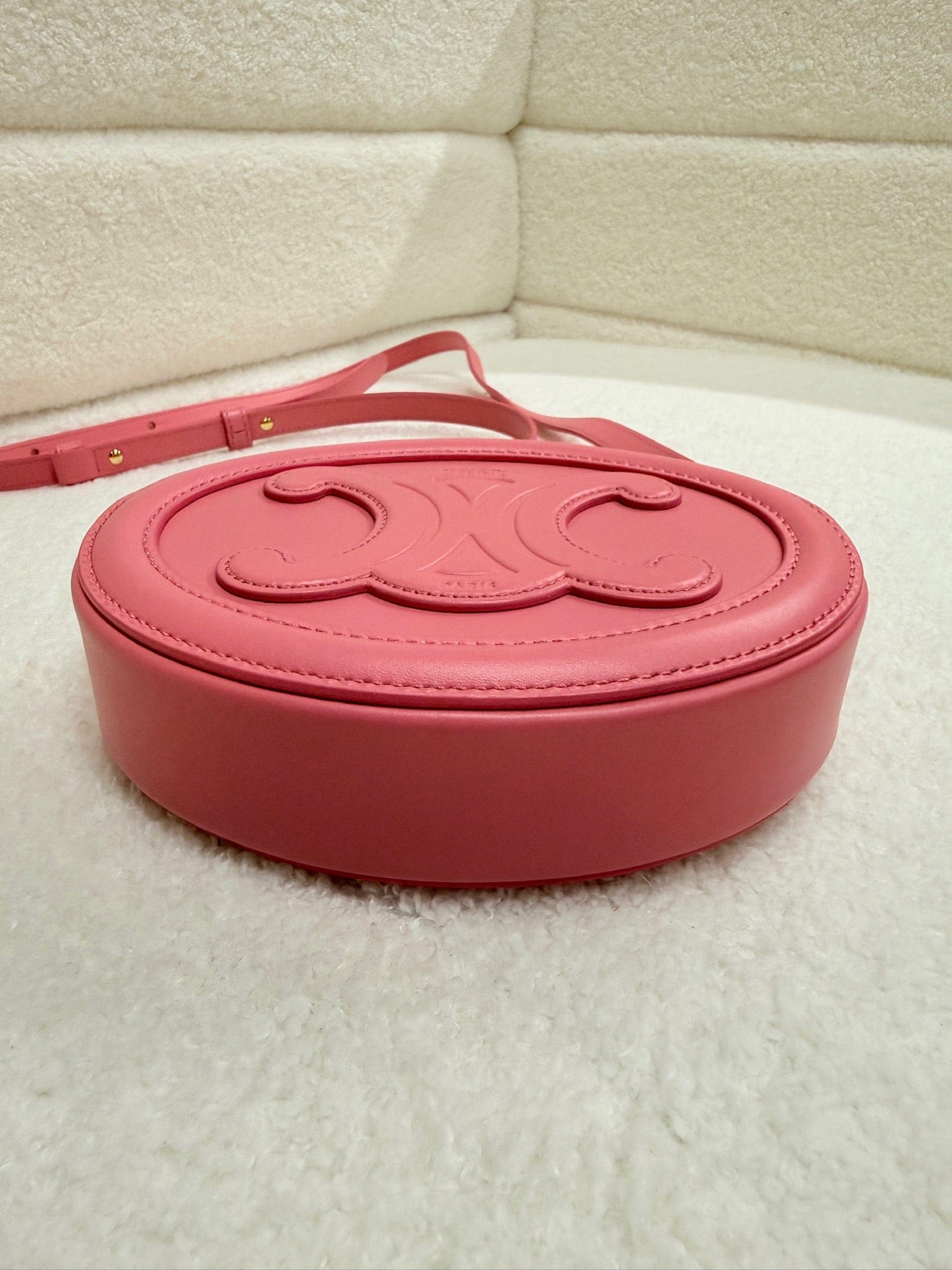 LUXURY PROMISE Celine Triomphe Small Oval Crossbody Bag in Pink Smooth Calfskin