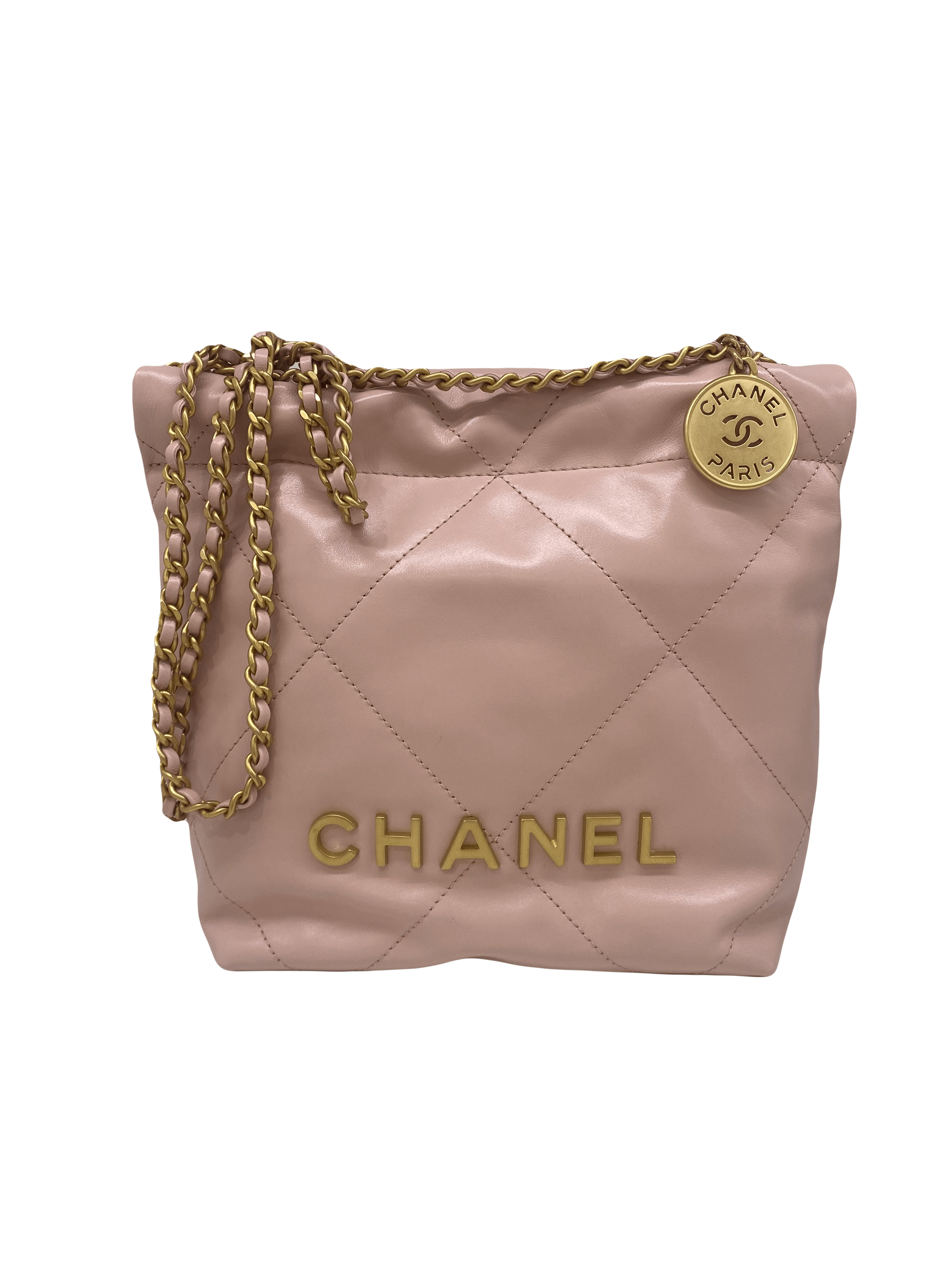 CHANEL Shiny Calfskin Quilted Chanel 22 Drawstring Bag Coral Pink 1230359