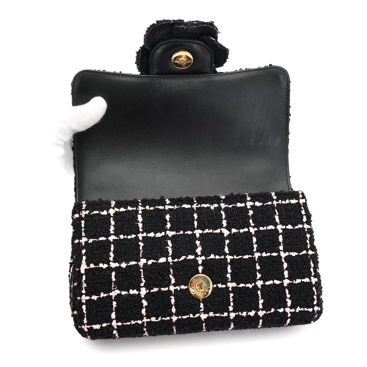 LUXURY PROMISE CHANEL CAMELLIA CHAIN SHOULDER BAG BLACK PINK TWEED GOLD HARDWARE 90335837