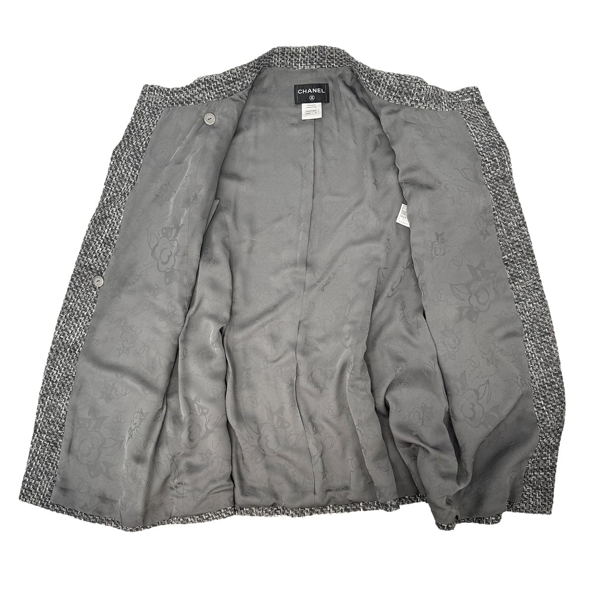 LUXURY PROMISE CHANEL CAMELLIA COCO BUTTON TWEED JACKET GRAY NYLON 50 P51 RTW 90303319