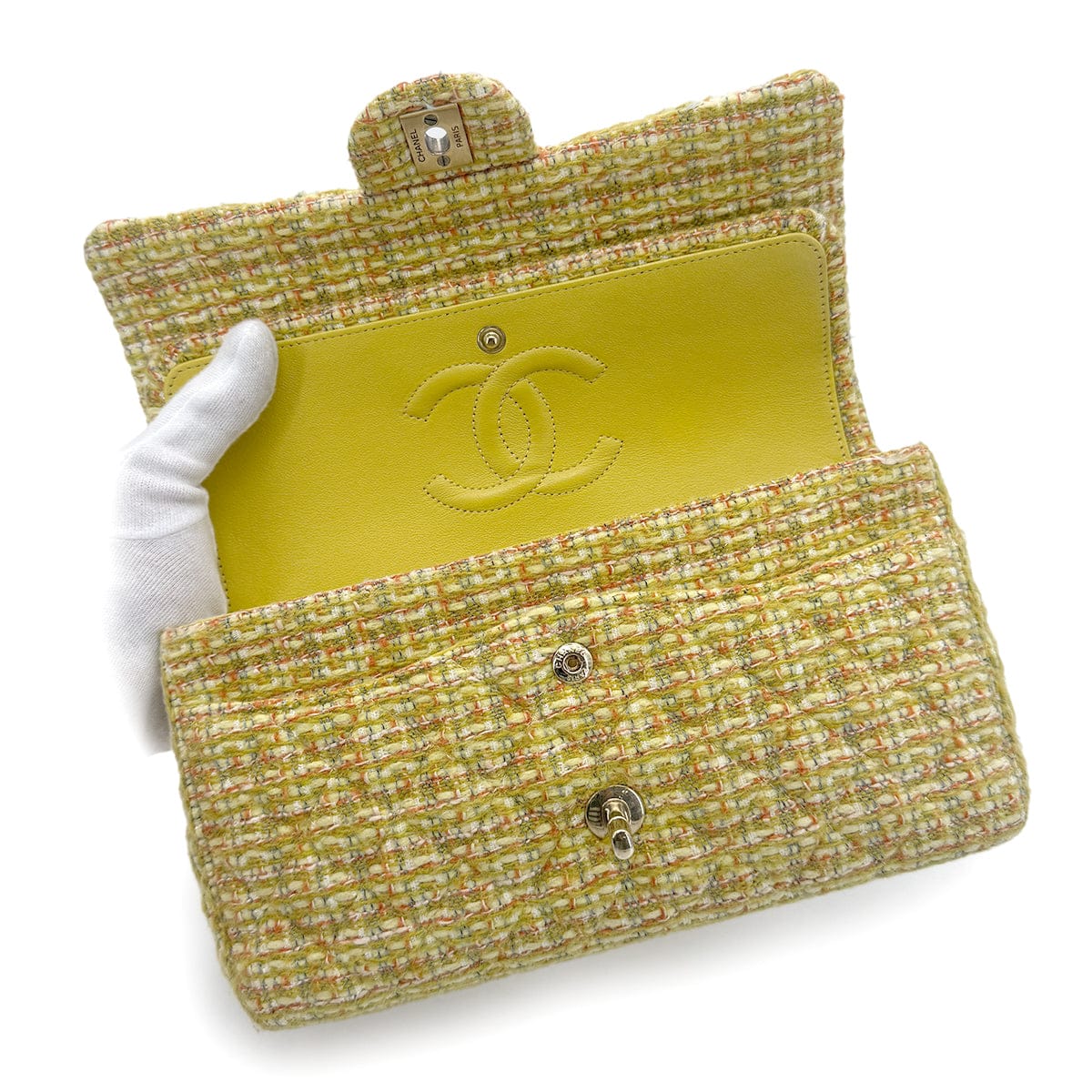 LUXURY PROMISE CHANEL CHAIN SHOULDER BAG YELLOW GREEN TWEED 90271986