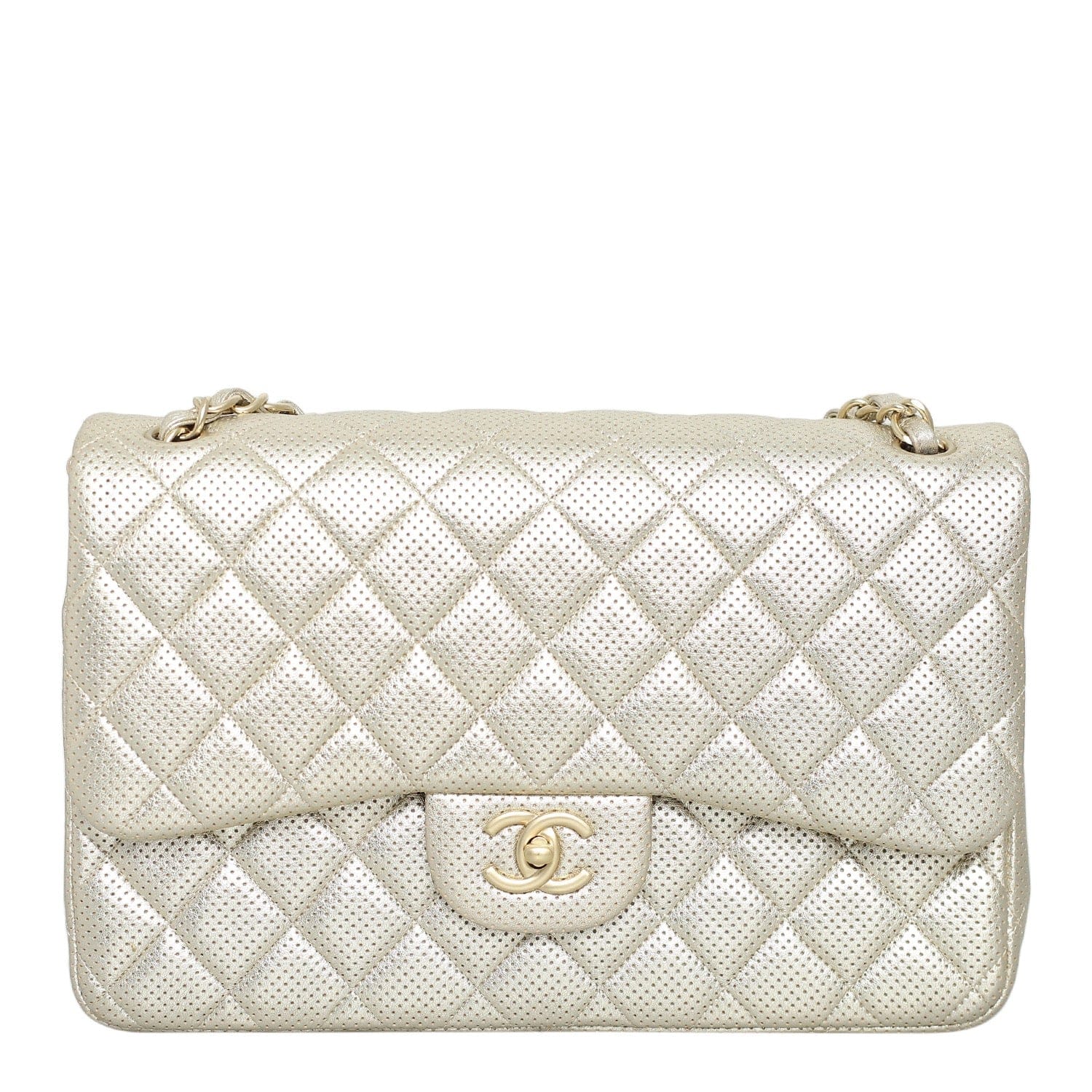 Luxury Promise Chanel Champagne Gold Metallic Perforated Jumbo Classic Double Flap Bag
