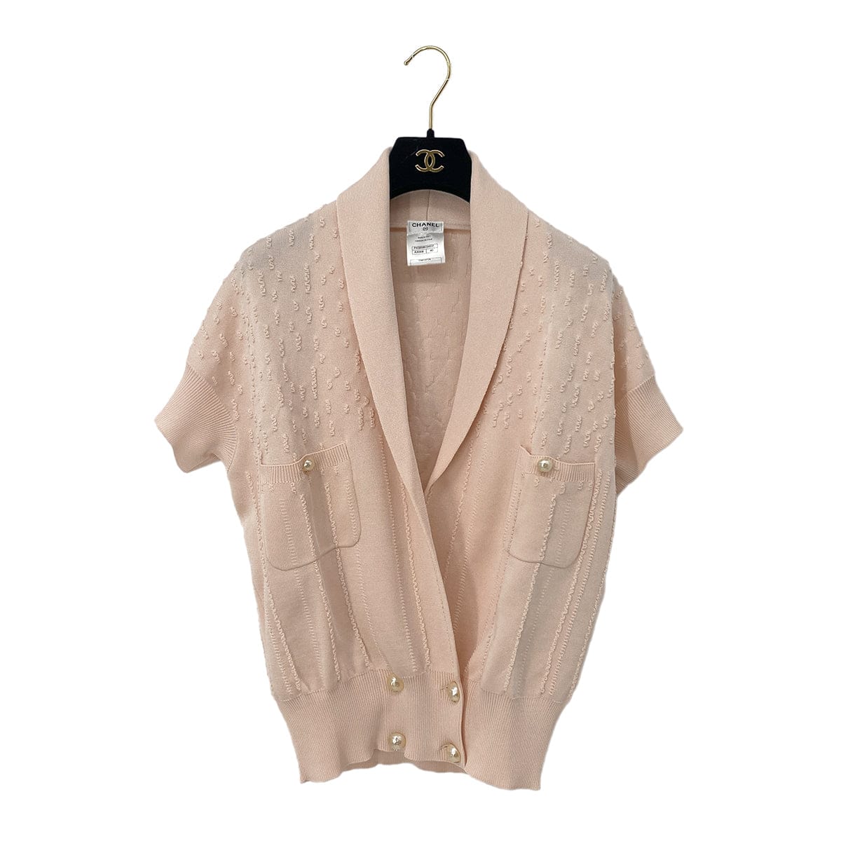 LUXURY PROMISE CHANEL COCO FAUX PEARL BUTTON CARDIGAN PINK RAYON 40 P43 RTW 90287724