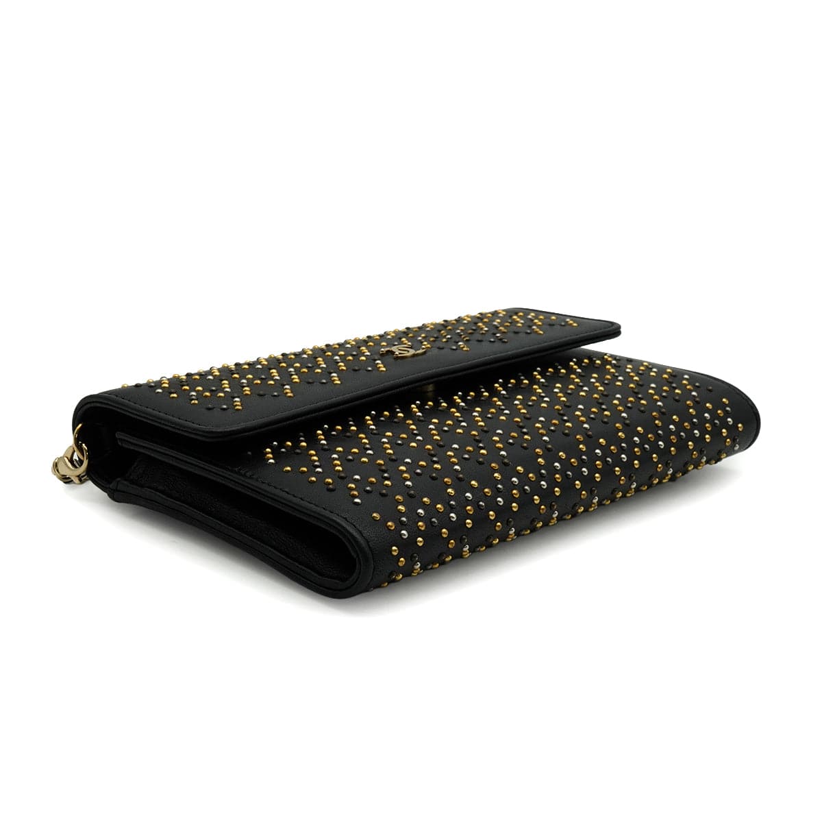 LUXURY PROMISE CHANEL COCOMARK LONG WALLET STUDS BLACK LAMB SKIN GOLD HARDWARE 90340477