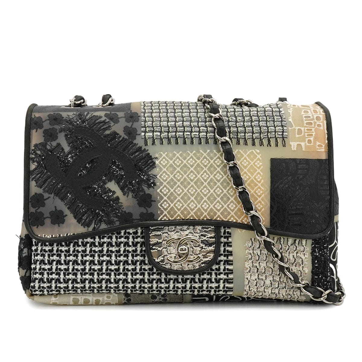 LUXURY PROMISE CHANEL JUMBO PATCHWORK COCOMARK FLOWER CHAIN SHOULDER BAG BLACK WHITE PVC TWEED SILVER HARDWARE 90341912