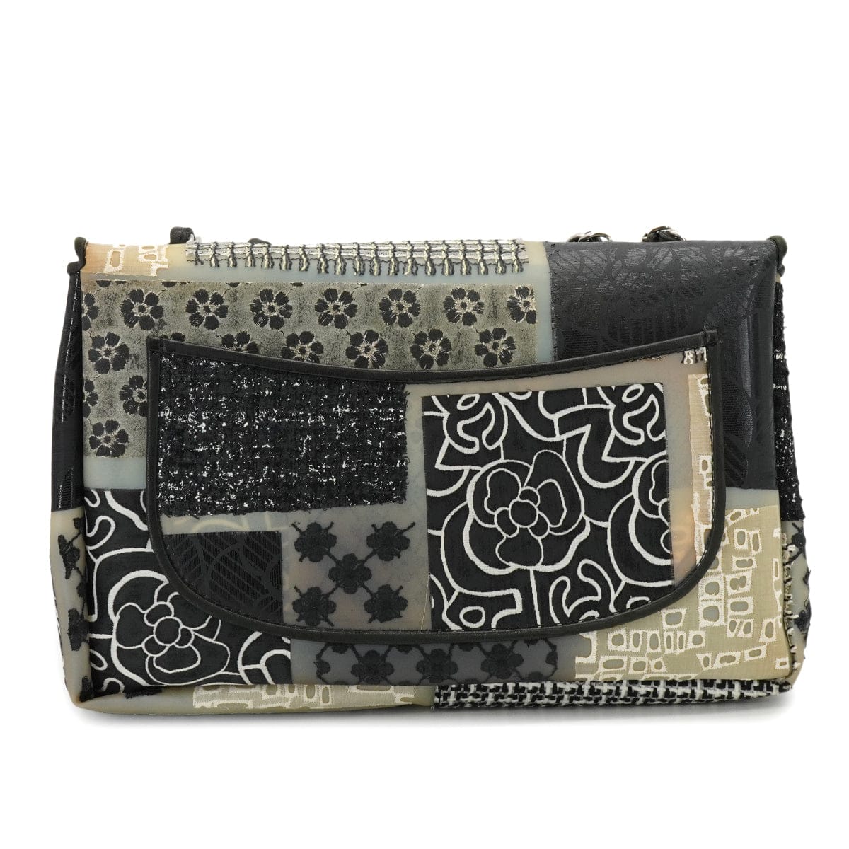 LUXURY PROMISE CHANEL JUMBO PATCHWORK COCOMARK FLOWER CHAIN SHOULDER BAG BLACK WHITE PVC TWEED SILVER HARDWARE 90341912