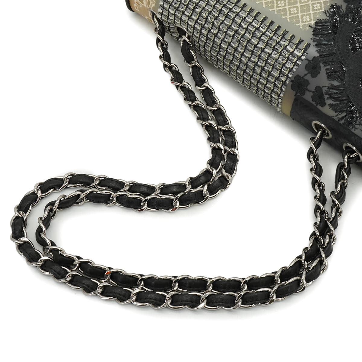LUXURY PROMISE CHANEL JUMBO PATCHWORK COCOMARK FLOWER CHAIN SHOULDER BAG BLACK WHITE PVC TWEED SILVER HARDWARE 90341912