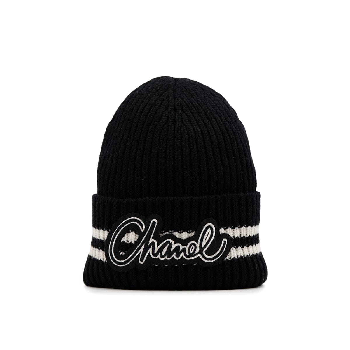 LUXURY PROMISE CHANEL KNIT HAT LOGO BLACK WHITE CASHMERE RTW 90307366