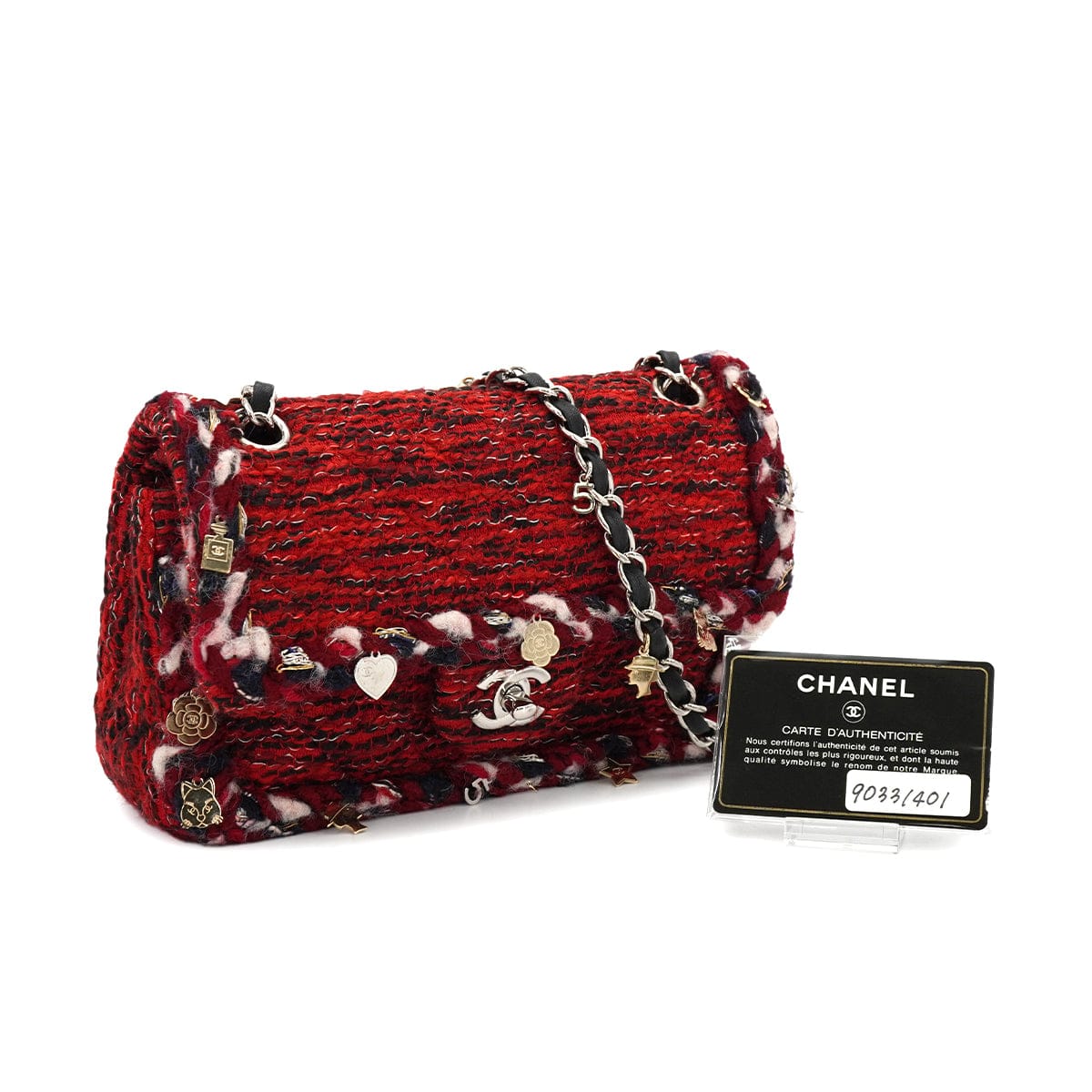 LUXURY PROMISE CHANEL MATELASSE CHAIN SHOULDER BAG ICON CHARM RED TWEED SILVER HARDWARE 90331401