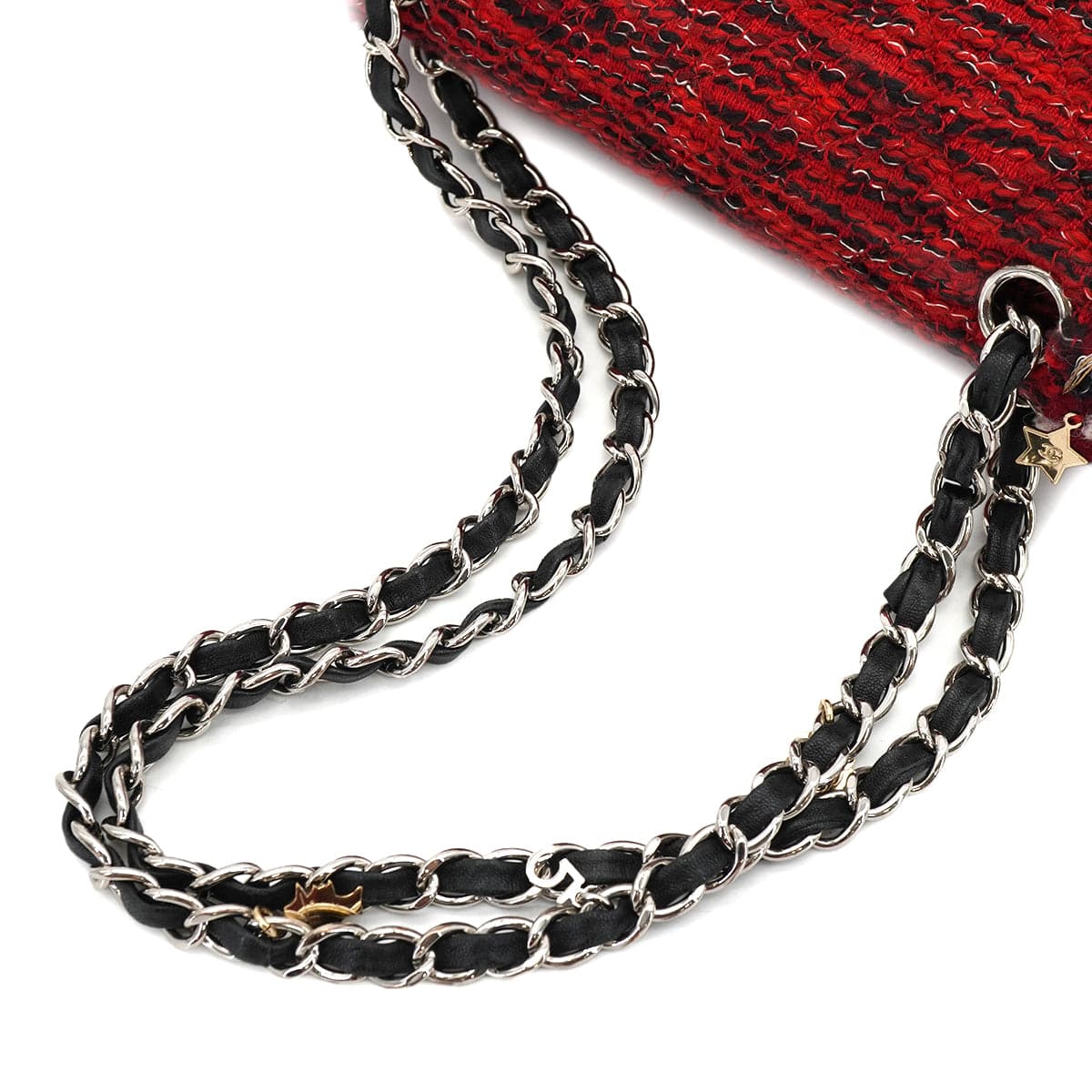 LUXURY PROMISE CHANEL MATELASSE CHAIN SHOULDER BAG ICON CHARM RED TWEED SILVER HARDWARE 90331401
