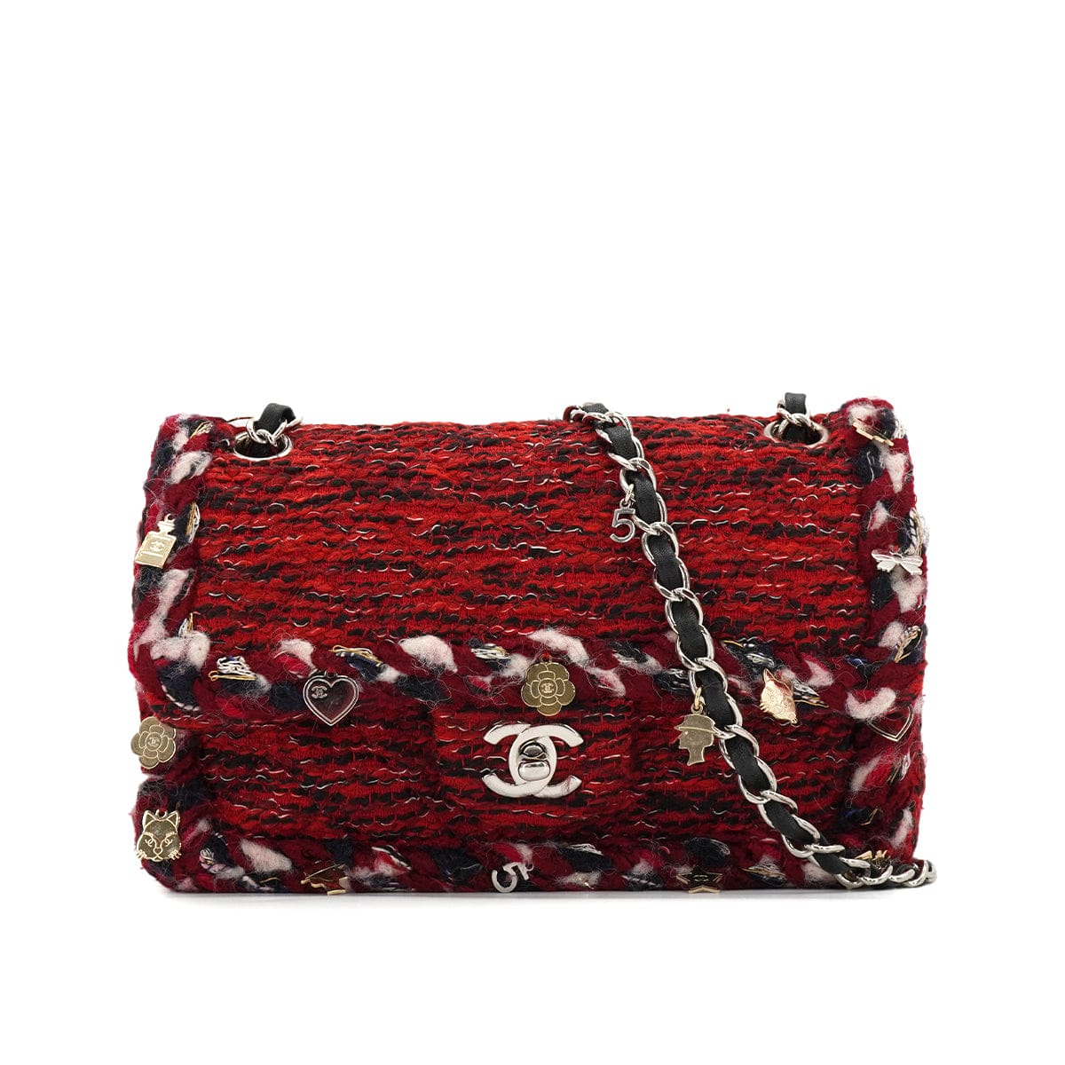 LUXURY PROMISE CHANEL MATELASSE CHAIN SHOULDER BAG ICON CHARM RED TWEED SILVER HARDWARE 90331401