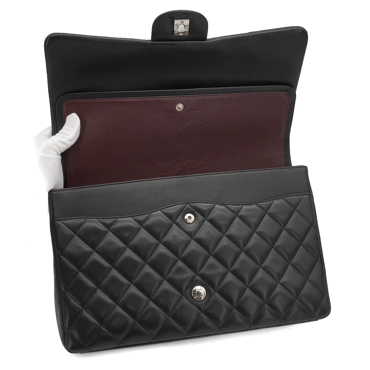 LUXURY PROMISE CHANEL MAXI MATELASSE 34 CHAIN SHOULDER BAG BLACK LAMB SKIN SILVER HARDWARE 90331673