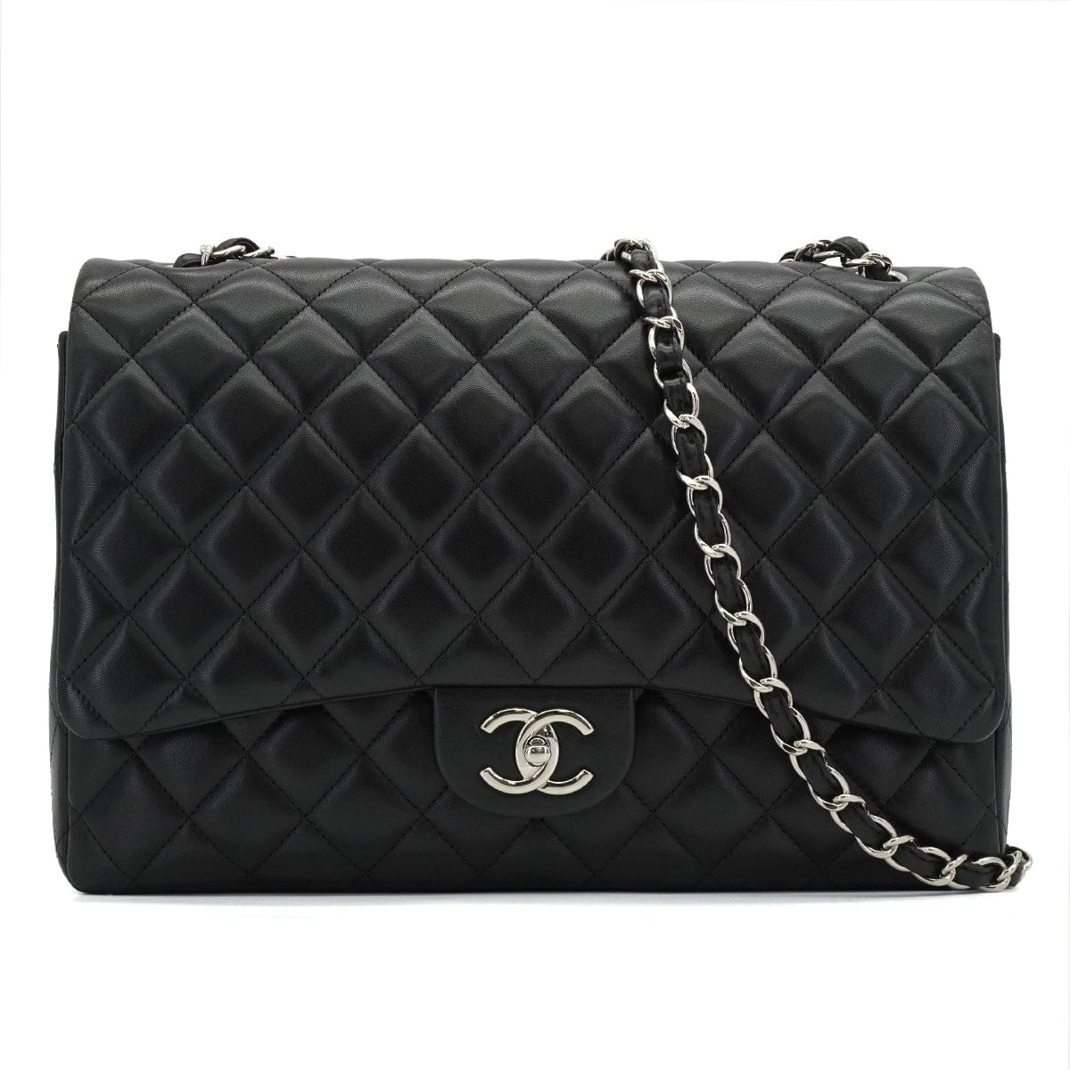LUXURY PROMISE CHANEL MAXI MATELASSE 34 CHAIN SHOULDER BAG BLACK LAMB SKIN SILVER HARDWARE 90331673