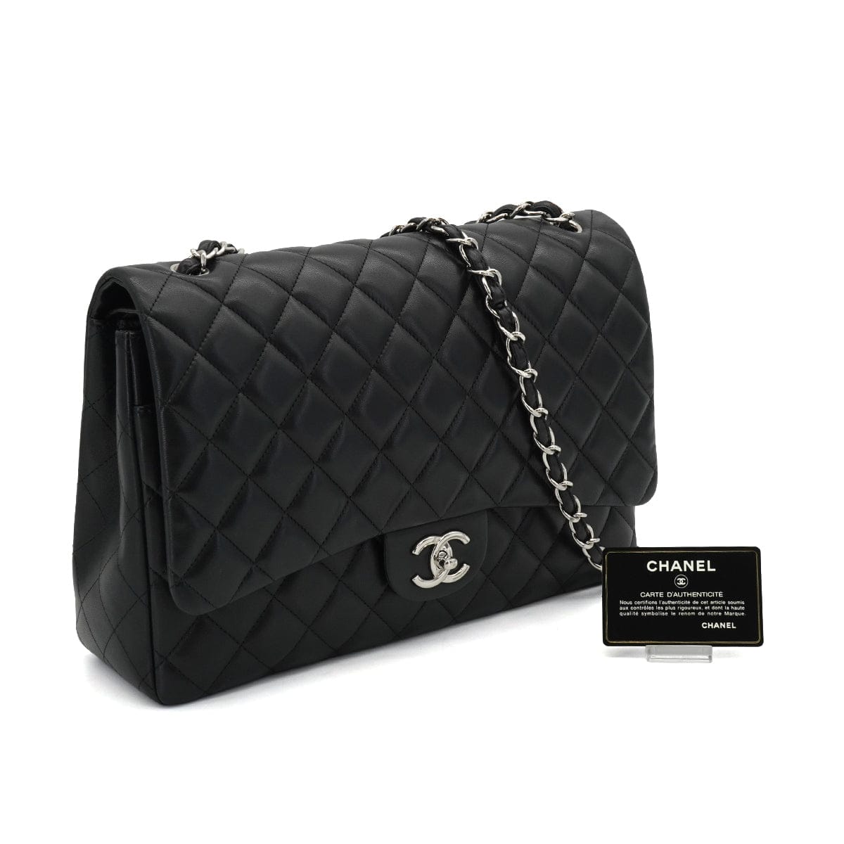 LUXURY PROMISE CHANEL MAXI MATELASSE 34 CHAIN SHOULDER BAG BLACK LAMB SKIN SILVER HARDWARE 90331673