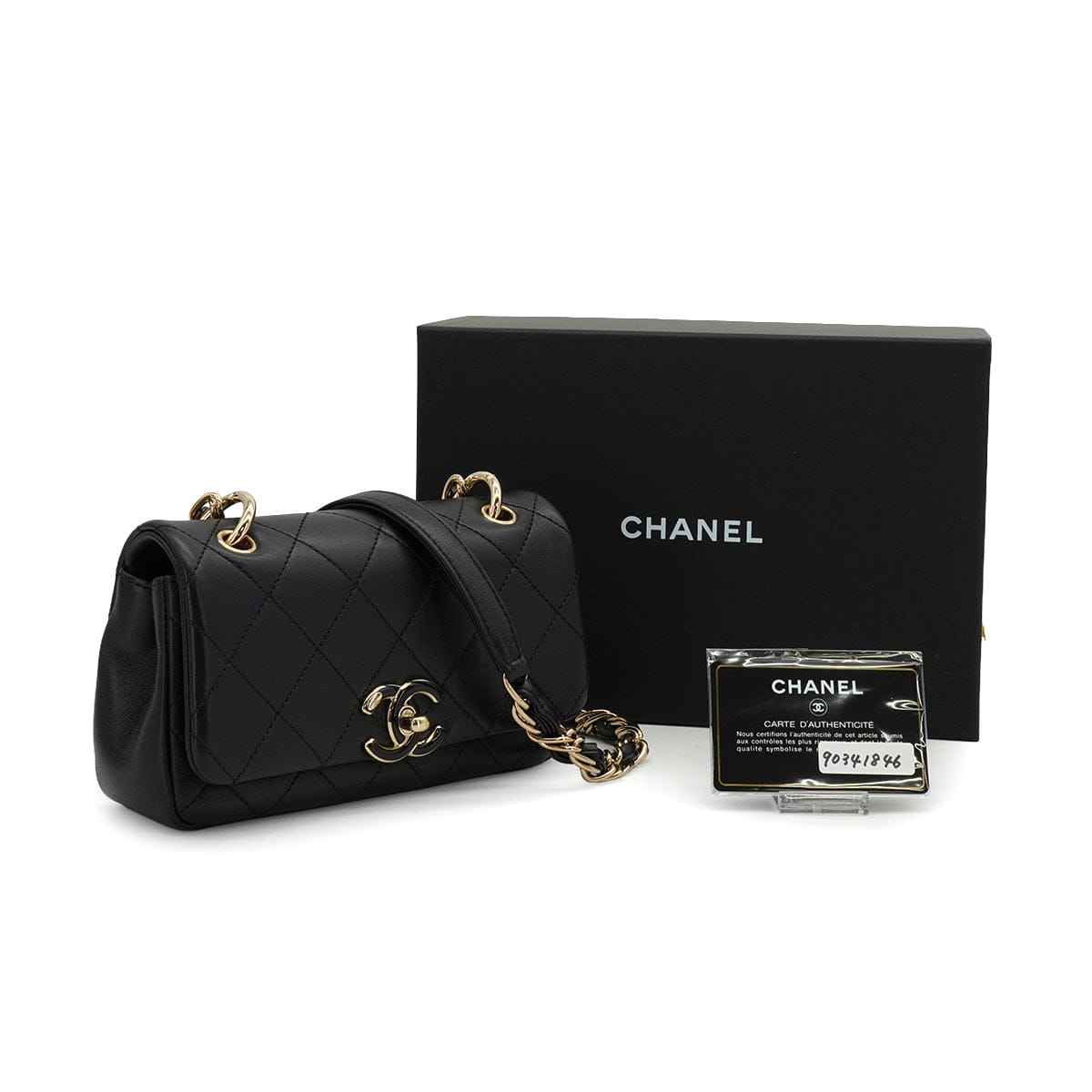 LUXURY PROMISE CHANEL MINI MATELASSE CHAIN SHOULDER BAG BLACK LAMB SKIN GOLD HARDWARE 90341846