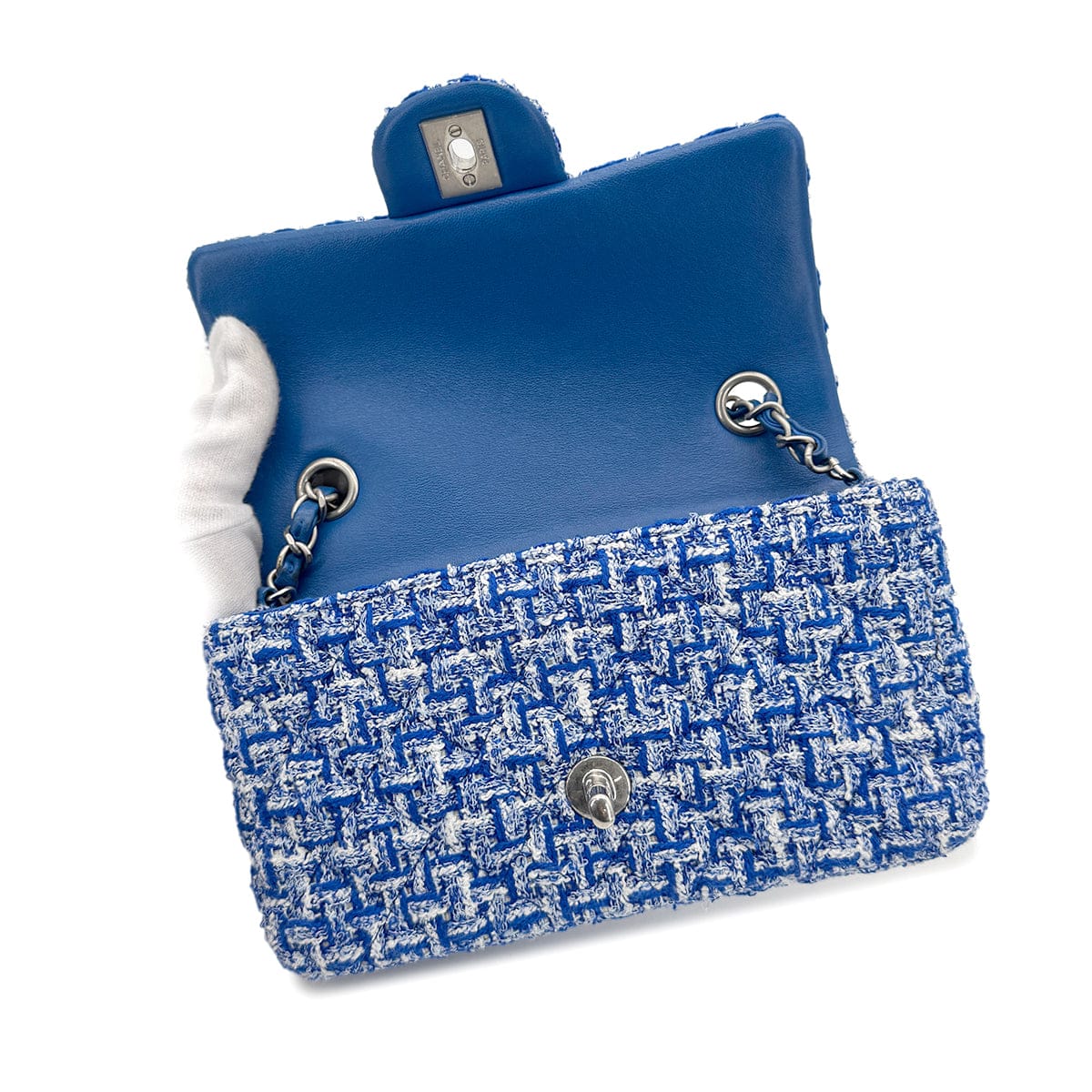 LUXURY PROMISE CHANEL MINI MATELASSE CHAIN SHOULDER BAG BLUE TWEED 90279798