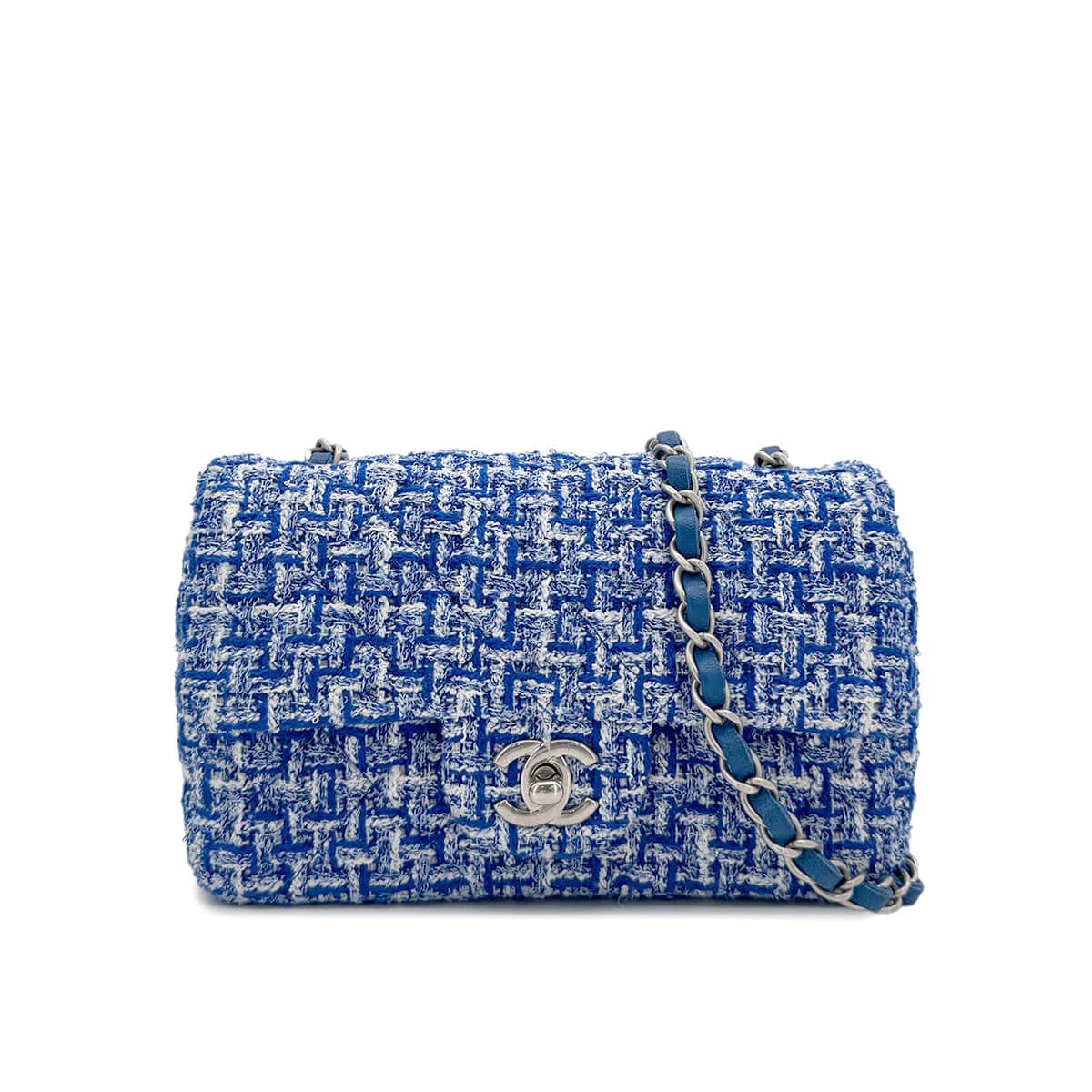 LUXURY PROMISE CHANEL MINI MATELASSE CHAIN SHOULDER BAG BLUE TWEED 90279798