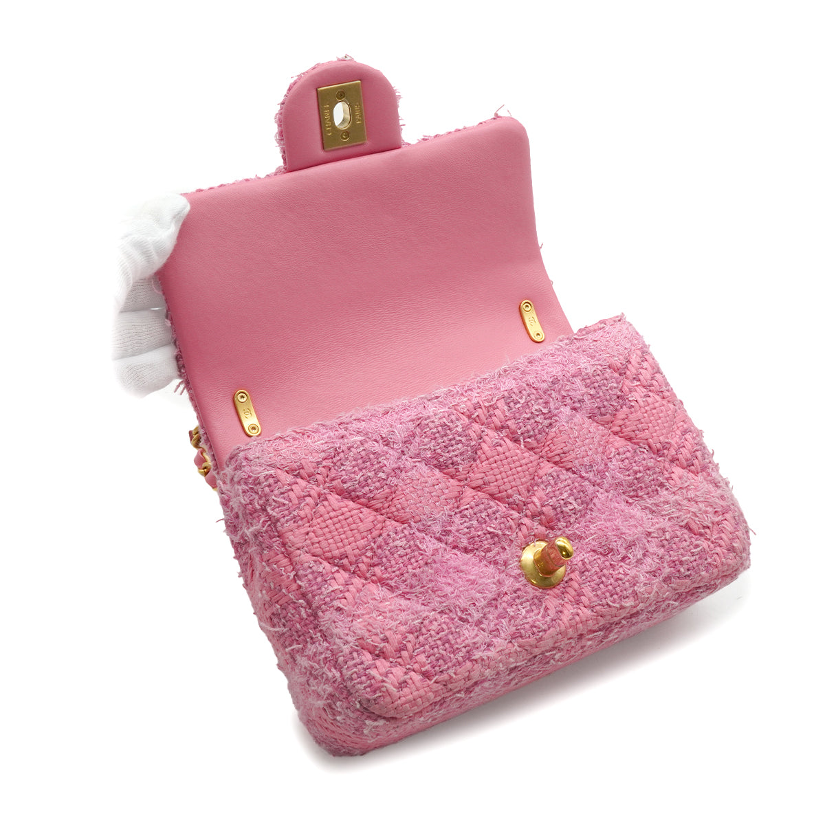 LUXURY PROMISE CHANEL MINI MATELASSE FAUX PEARL CHAIN SHOULDER BAG PINK TWEED GOLD HARDWARE 90339652