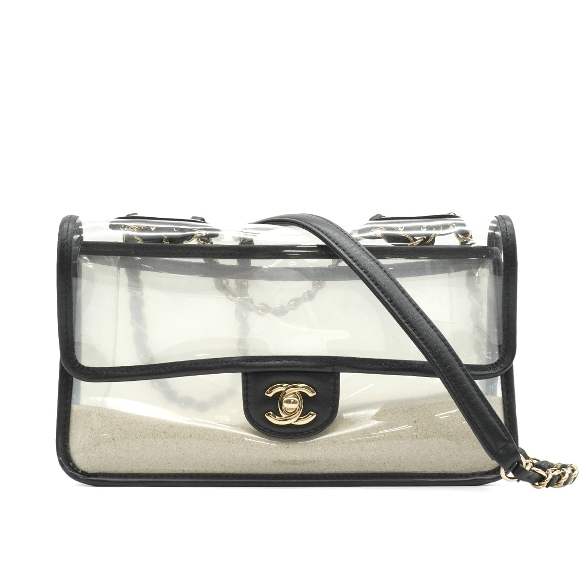LUXURY PROMISE CHANEL SAND BY THE SEA CHAIN SHOULDER BAG BLACK CLEAR VINYL SAND LAMB SKIN GOLD HARDWARE 90341908