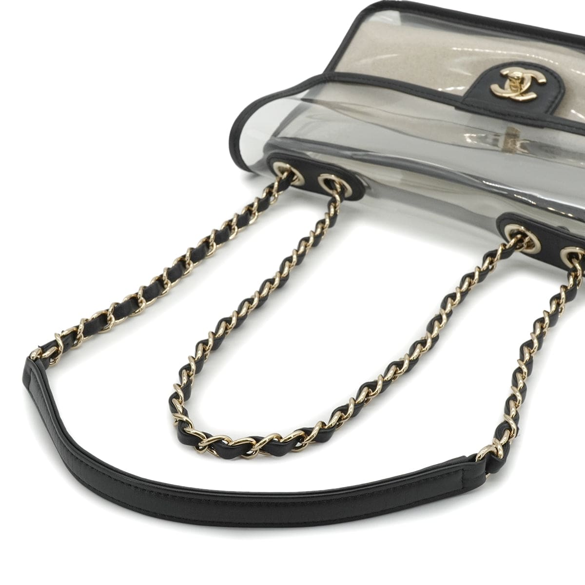LUXURY PROMISE CHANEL SAND BY THE SEA CHAIN SHOULDER BAG BLACK CLEAR VINYL SAND LAMB SKIN GOLD HARDWARE 90341908
