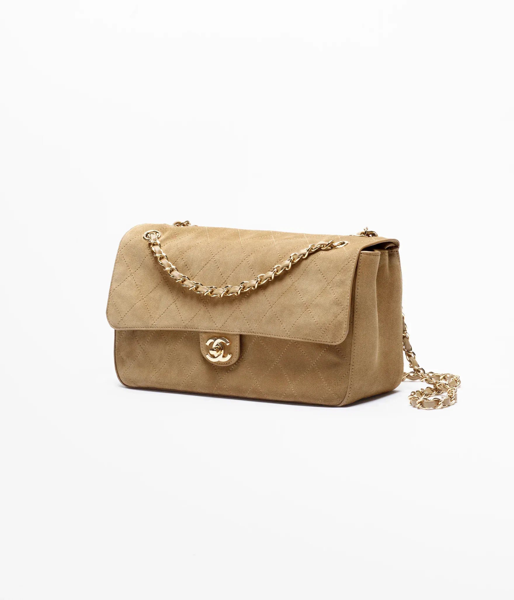 LUXURY PROMISE *LONDON LOCATED* CHANEL MAXI FLAPBAG DARK BEIGE Suede Calfskin with Gold-Tone Metal