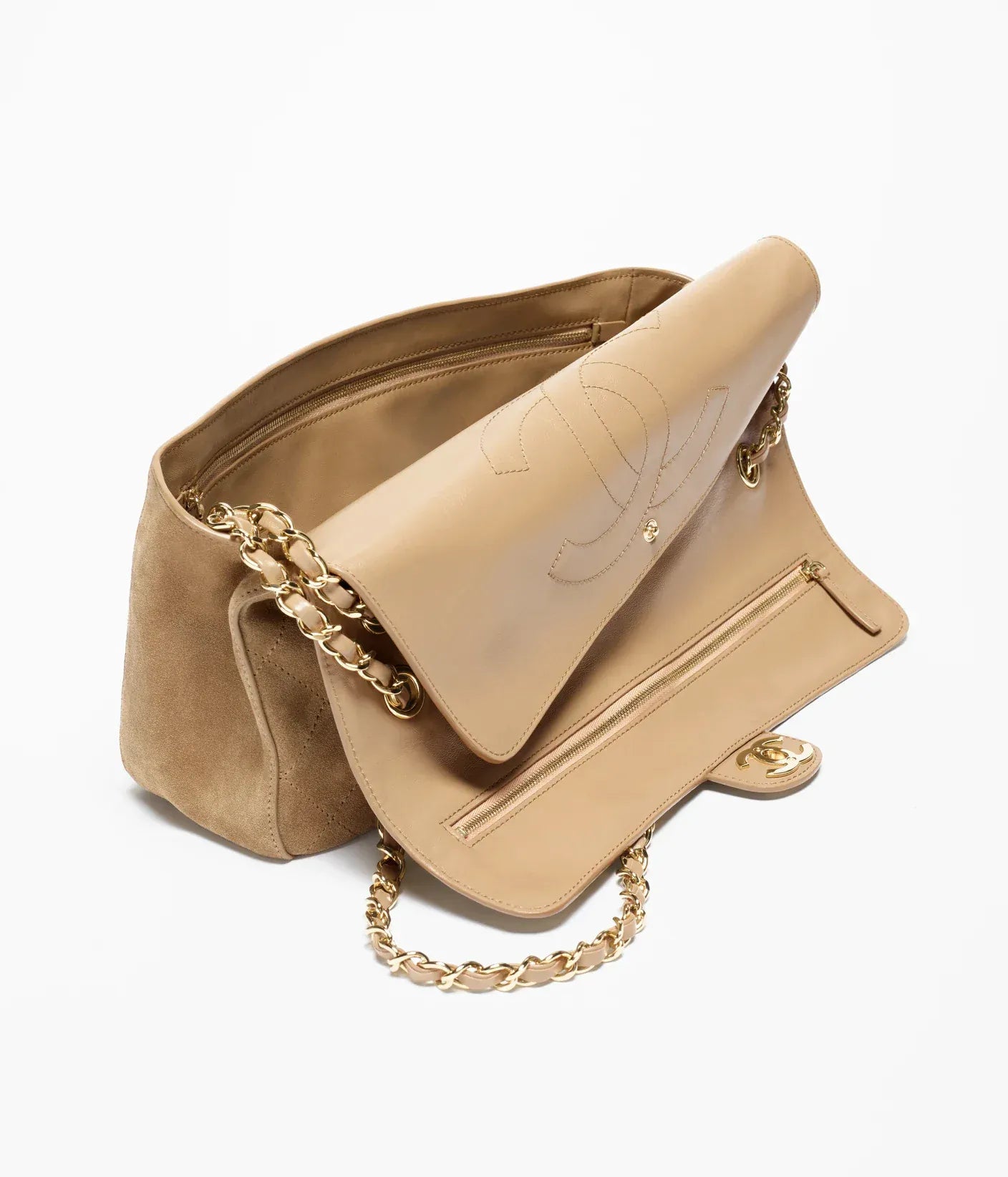 LUXURY PROMISE *LONDON LOCATED* CHANEL MAXI FLAPBAG DARK BEIGE Suede Calfskin with Gold-Tone Metal