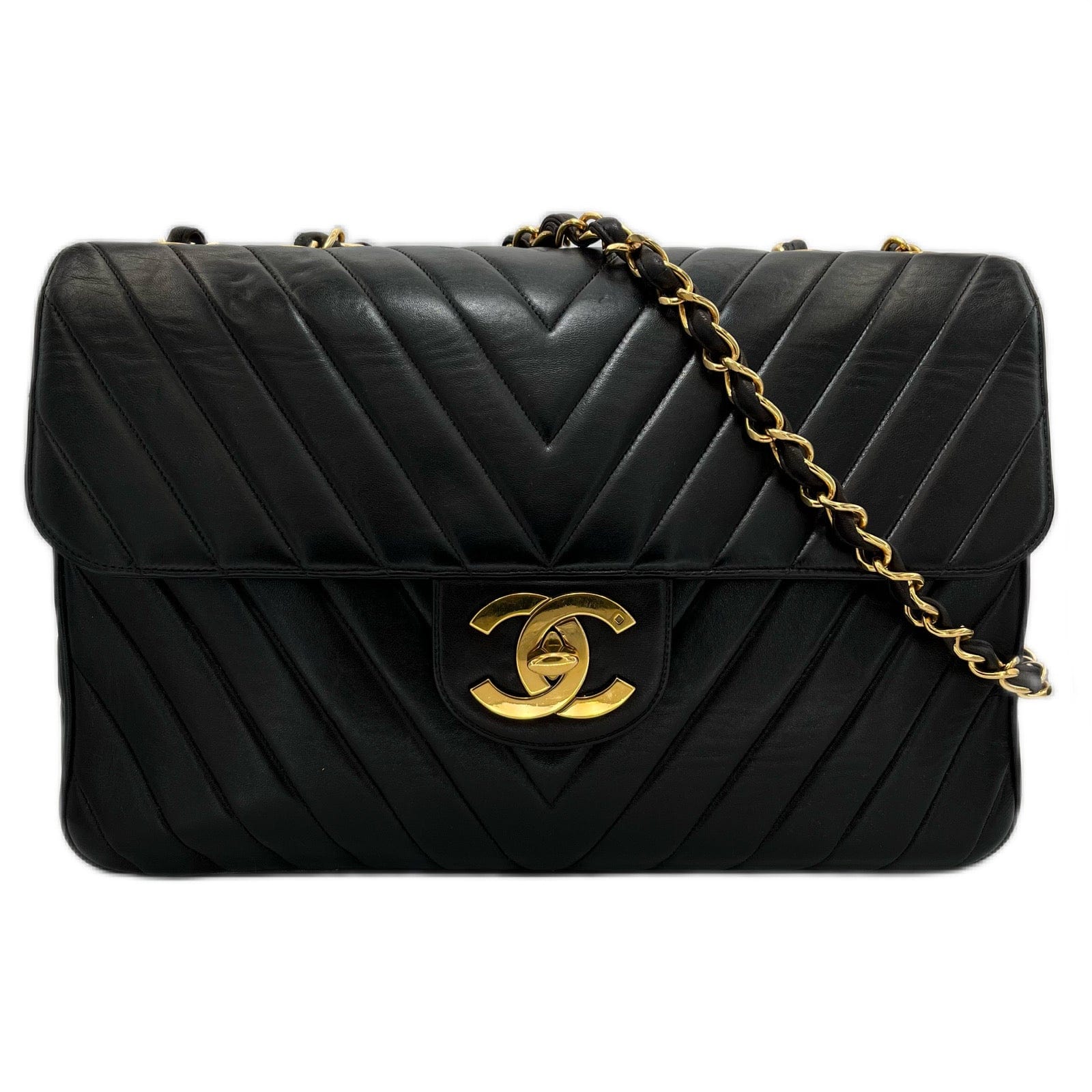 Luxury Promise CHANEL VINTAGE CHEVRON CHAIN SHOULDER BAG BLACK LAMB SKIN 90164625