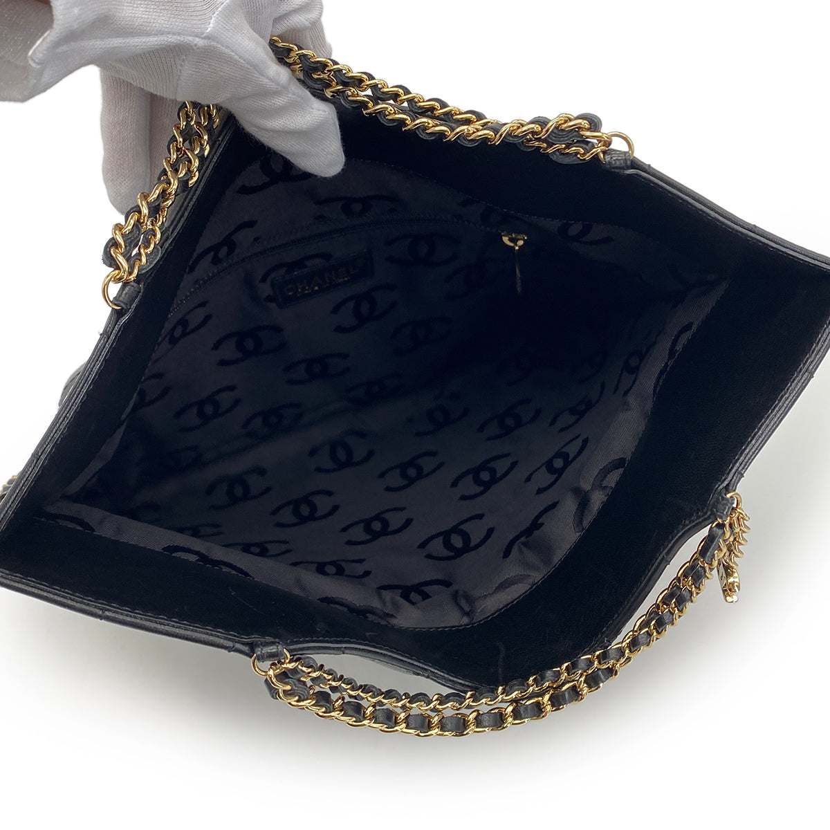 LUXURY PROMISE CHANEL VINTAGE CHOCOLATE BAR CHAIN HAND SHOULDER BAG BLACK LAMB SKIN 90282759