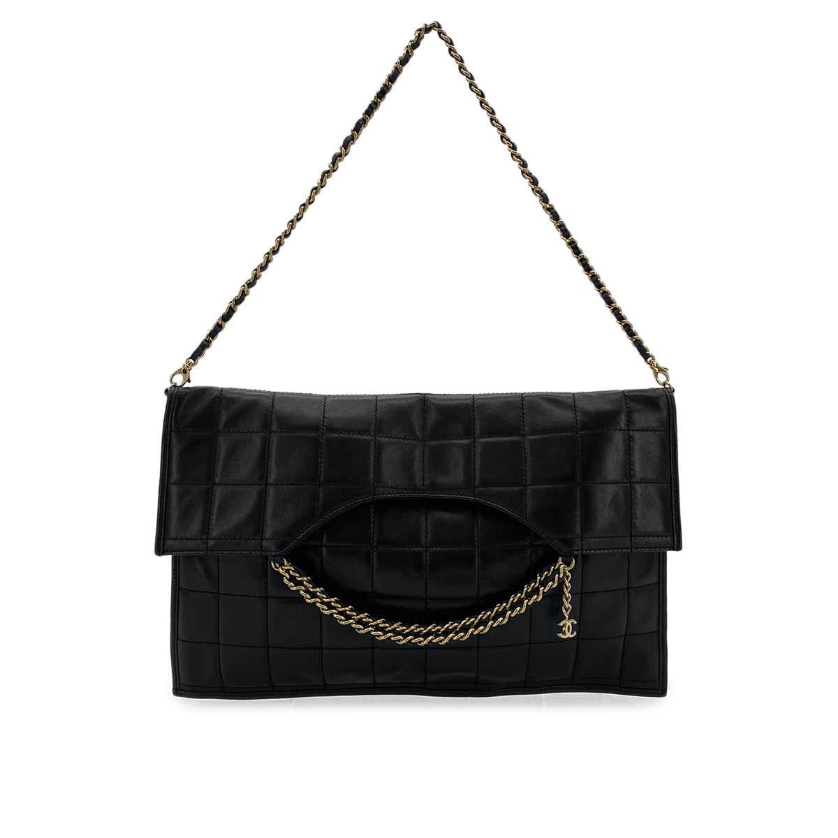 LUXURY PROMISE CHANEL VINTAGE CHOCOLATE BAR CHAIN HAND SHOULDER BAG BLACK LAMB SKIN 90282759