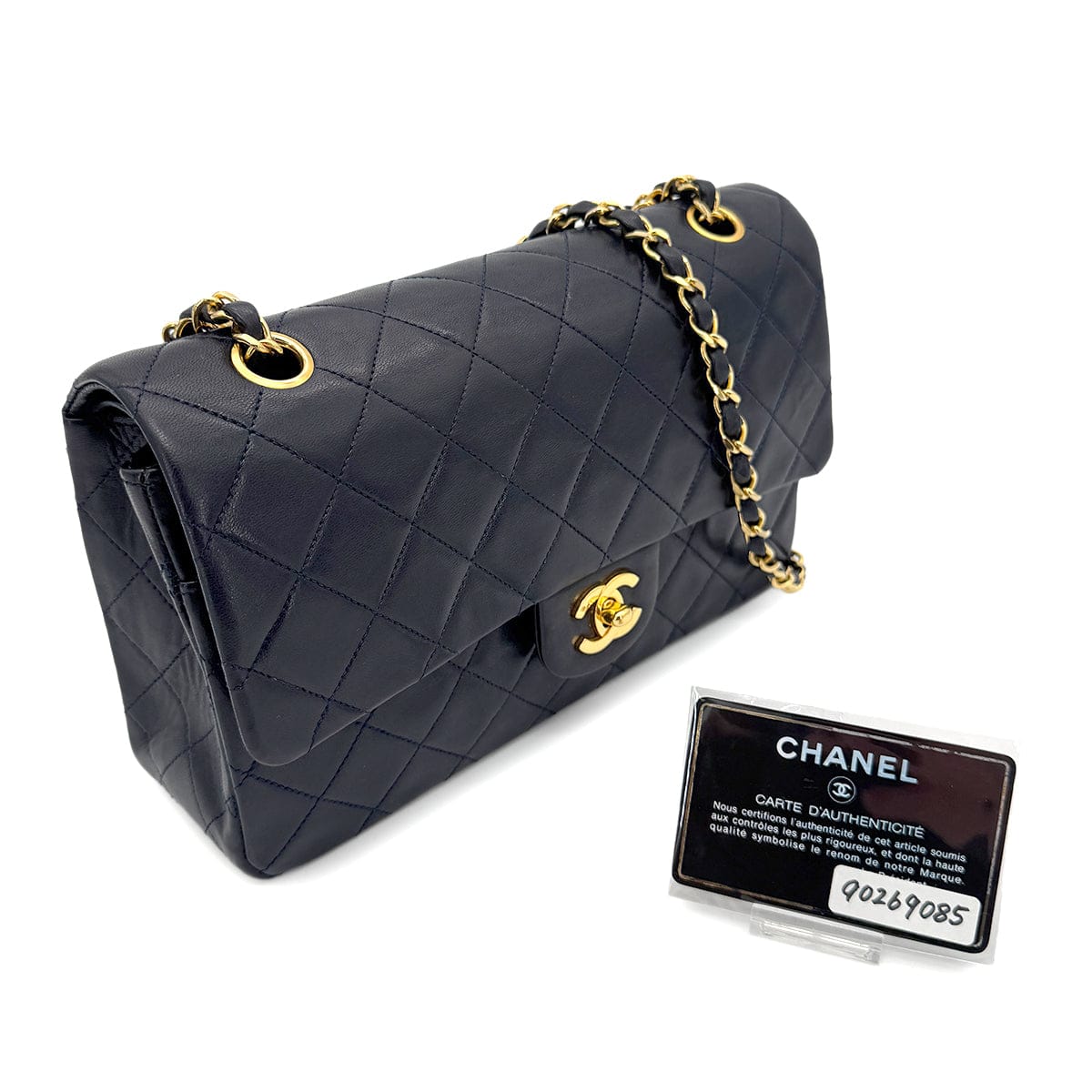 LUXURY PROMISE CHANEL VINTAGE CLASSIC FLAP MEDIUM CHAIN SHOULDER BAG NAVY LAMB SKIN 90269085