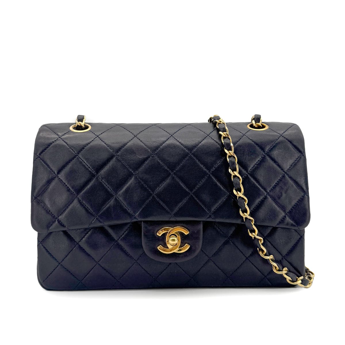 LUXURY PROMISE CHANEL VINTAGE CLASSIC FLAP MEDIUM CHAIN SHOULDER BAG NAVY LAMB SKIN 90269085