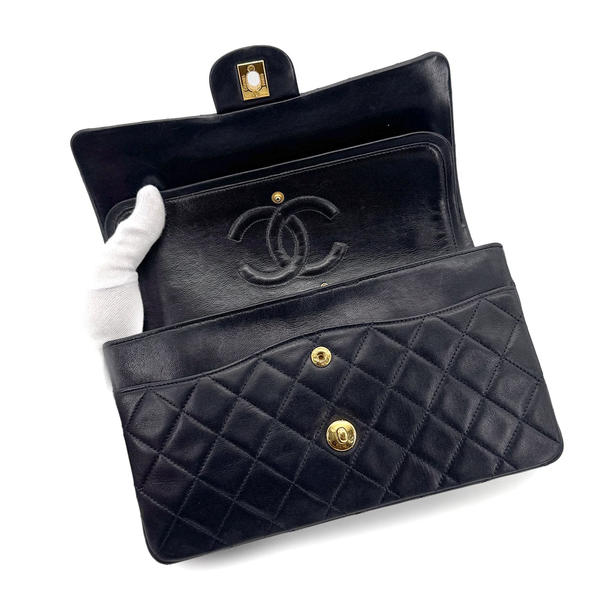 LUXURY PROMISE CHANEL VINTAGE CLASSIC FLAP MEDIUM CHAIN SHOULDER BAG NAVY LAMB SKIN 90269085