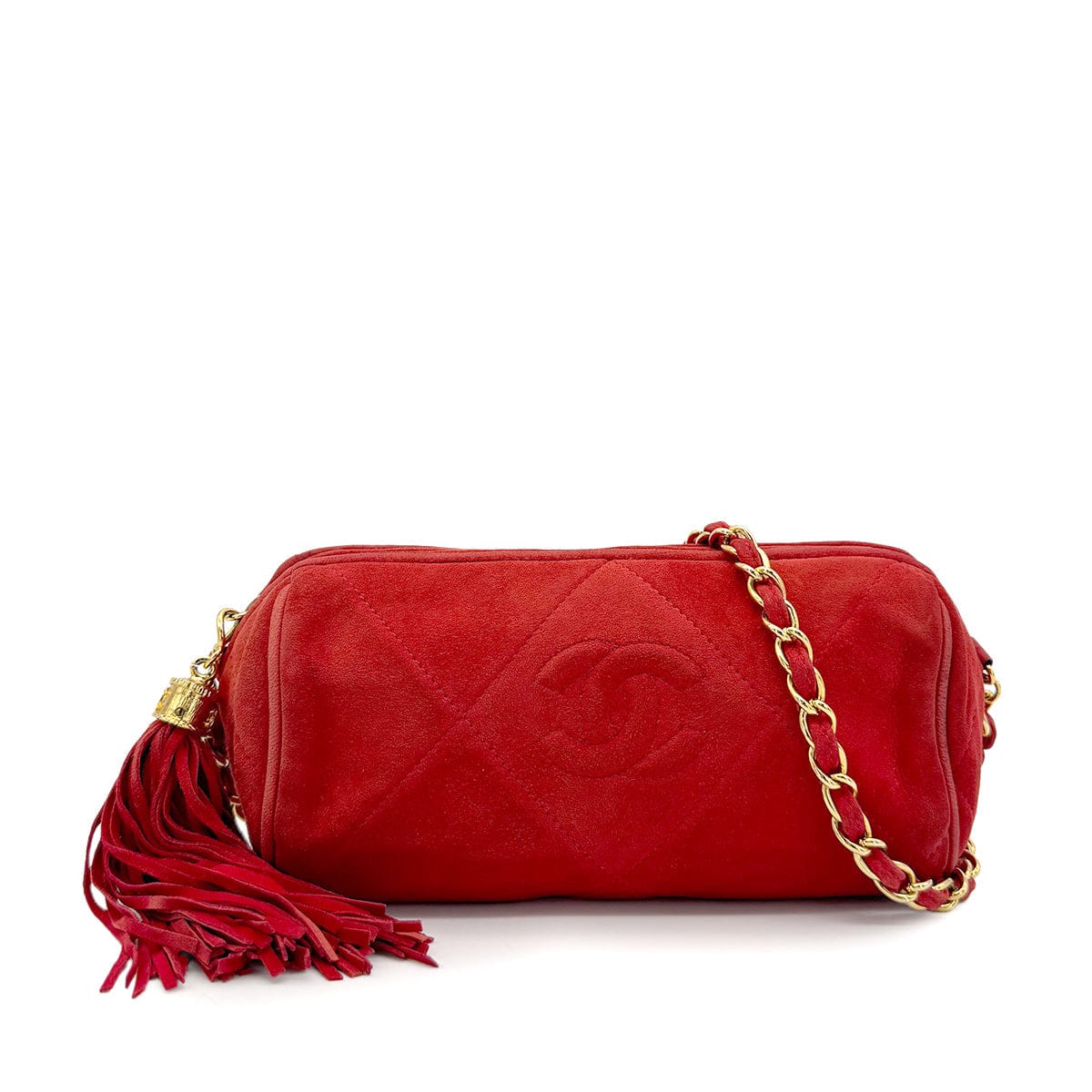 LUXURY PROMISE CHANEL VINTAGE COCOMARK FRINGE CHAIN SHOULDER BAG RED SUEDE 90274861