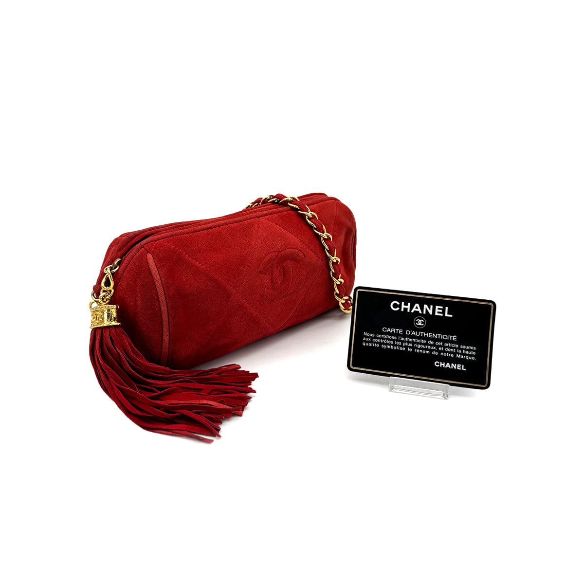 LUXURY PROMISE CHANEL VINTAGE COCOMARK FRINGE CHAIN SHOULDER BAG RED SUEDE 90274861