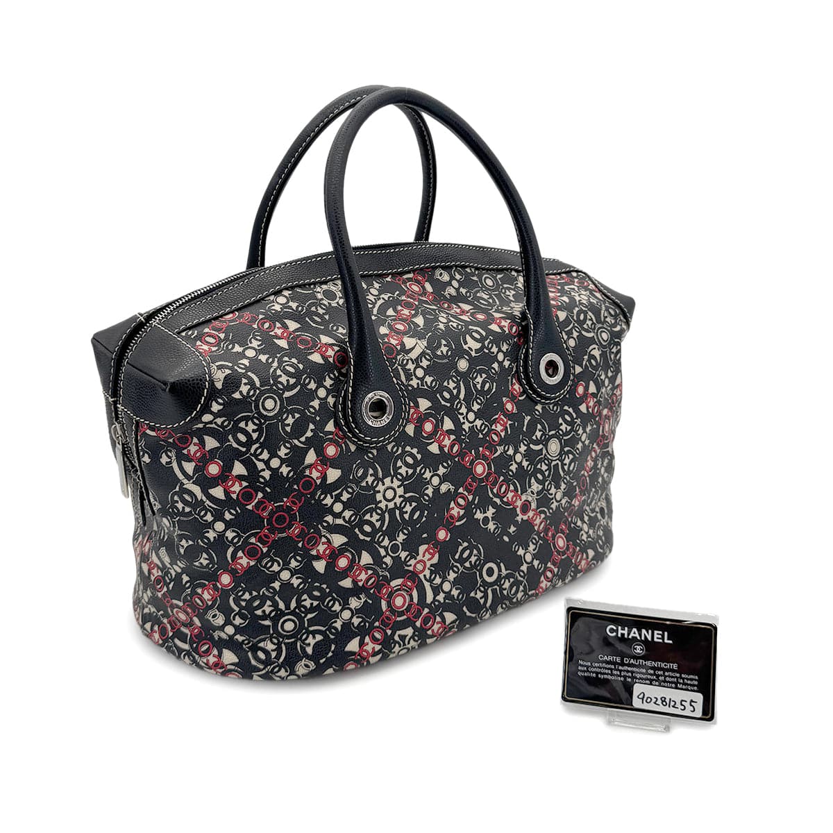 LUXURY PROMISE CHANEL VINTAGE COCOTRAVEL BOSTON BAG BLACK RED WHITE LEATHER 90281255