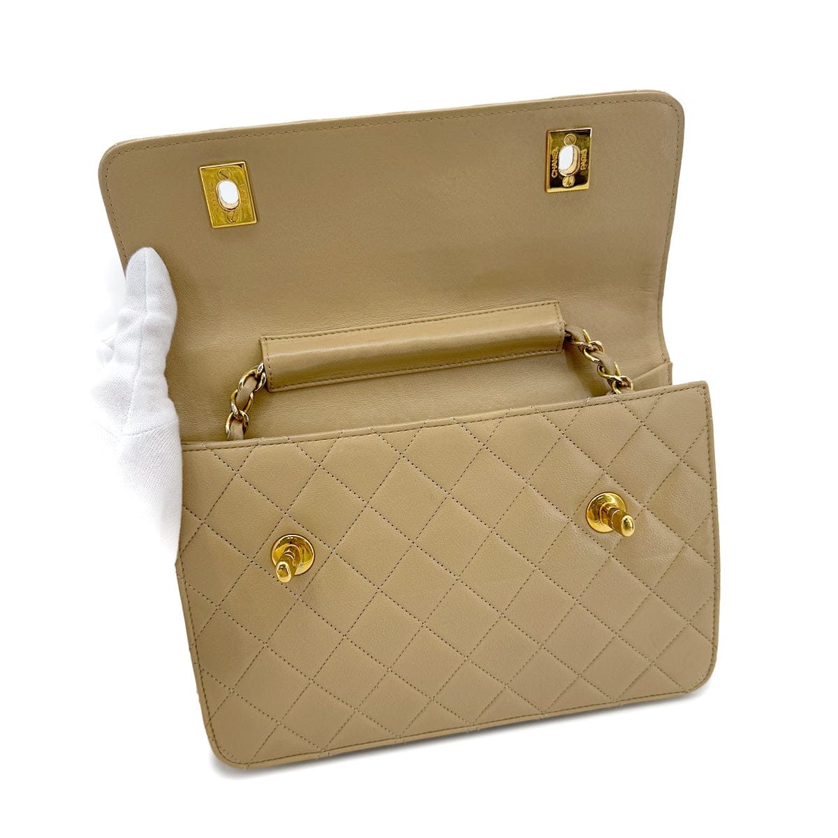 LUXURY PROMISE CHANEL VINTAGE DOUBLE TURN LOCK MATELASSE CHAIN SHOULDER HAND BAG BEIGE LAMB SKIN 90284883