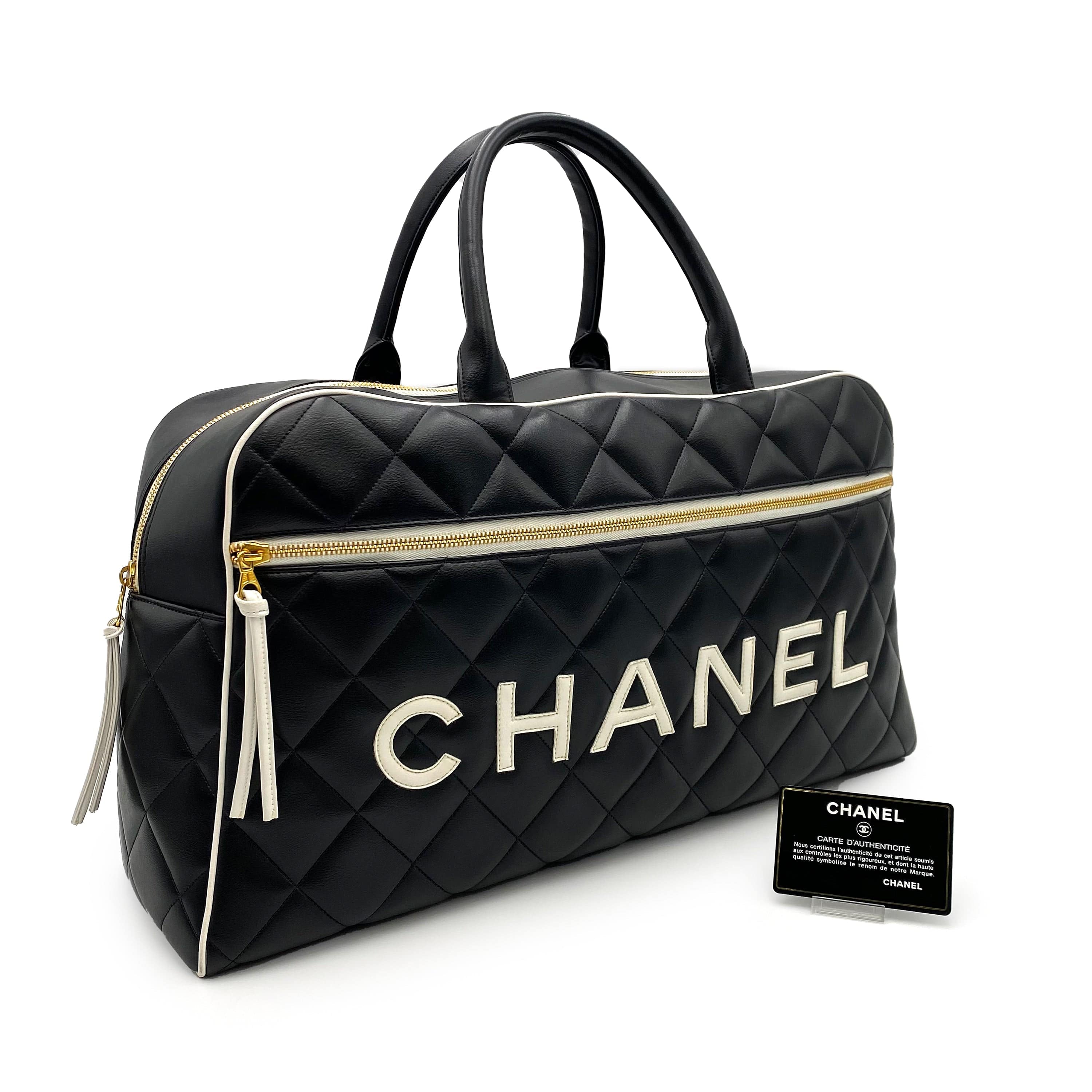 Luxury Promise CHANEL VINTAGE MATELASSE LOGO BOSTON BAG BLACK LAMB SKIN 90227483