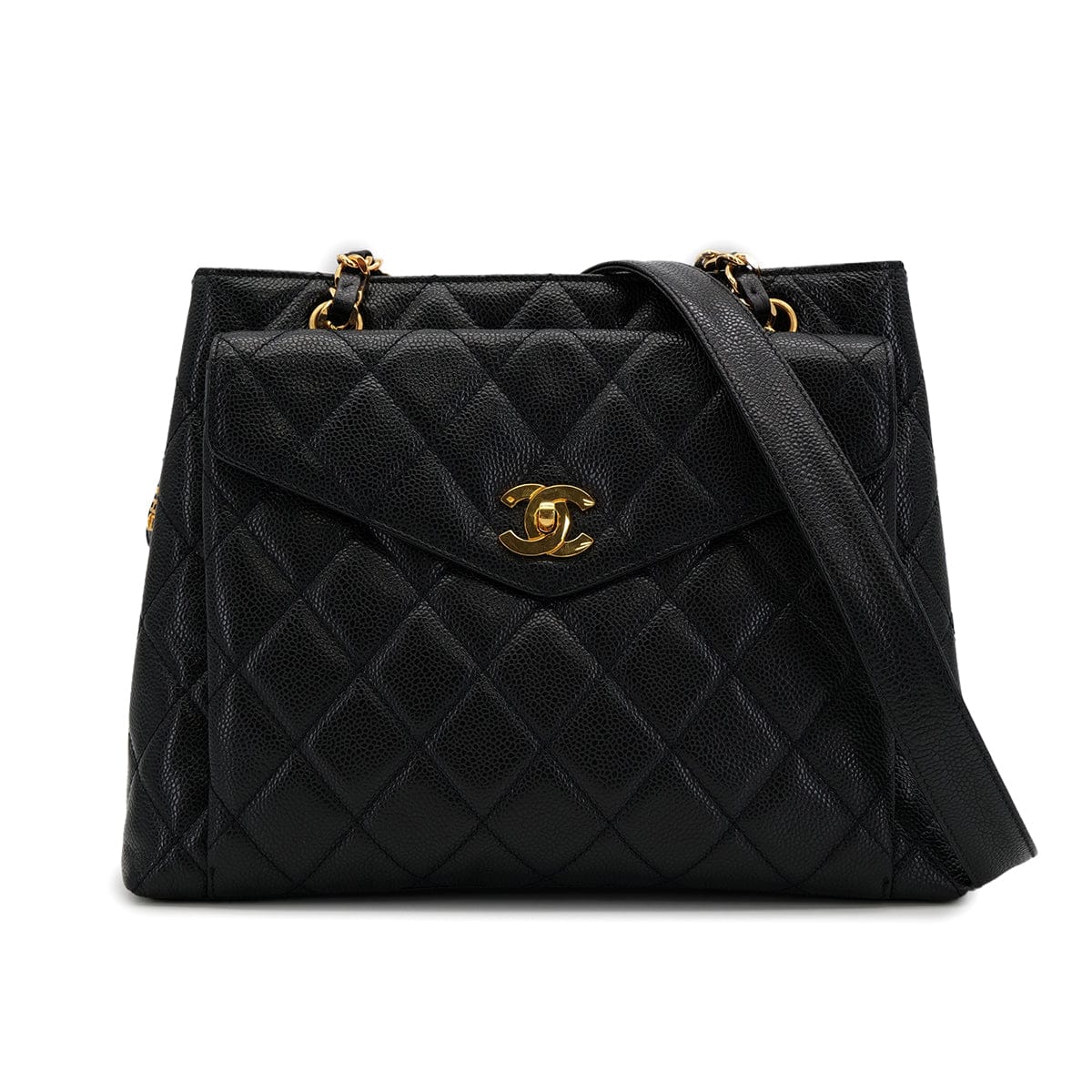 LUXURY PROMISE CHANEL VINTAGE MATELLASSE TURN LOCK CHAIN TOTE BAG BLACK CAVIAR SKIN 90308268