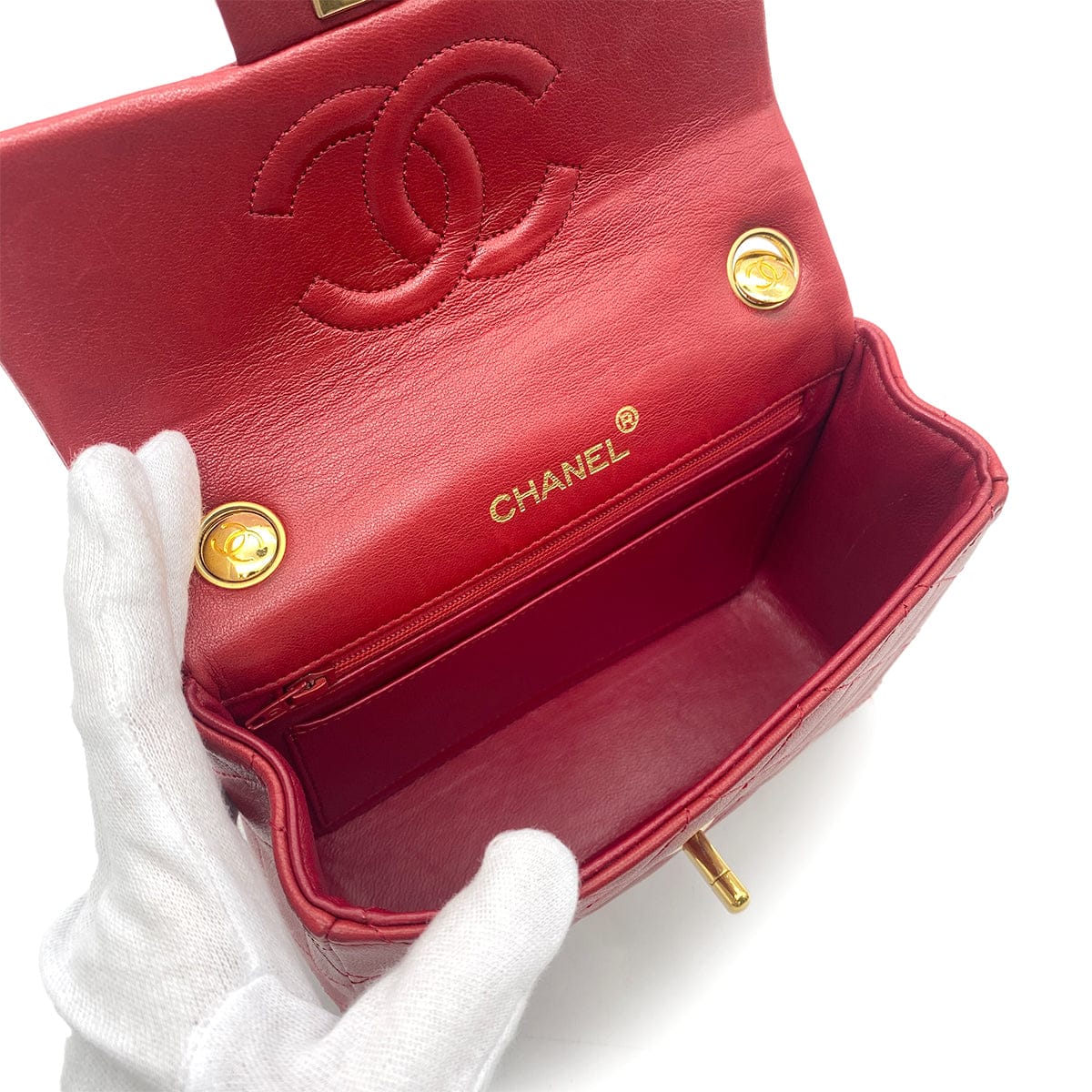 LUXURY PROMISE CHANEL VINTAGE MINI SQUARE 17 CHAIN HAND BAG RED LAMB SKIN 90260487