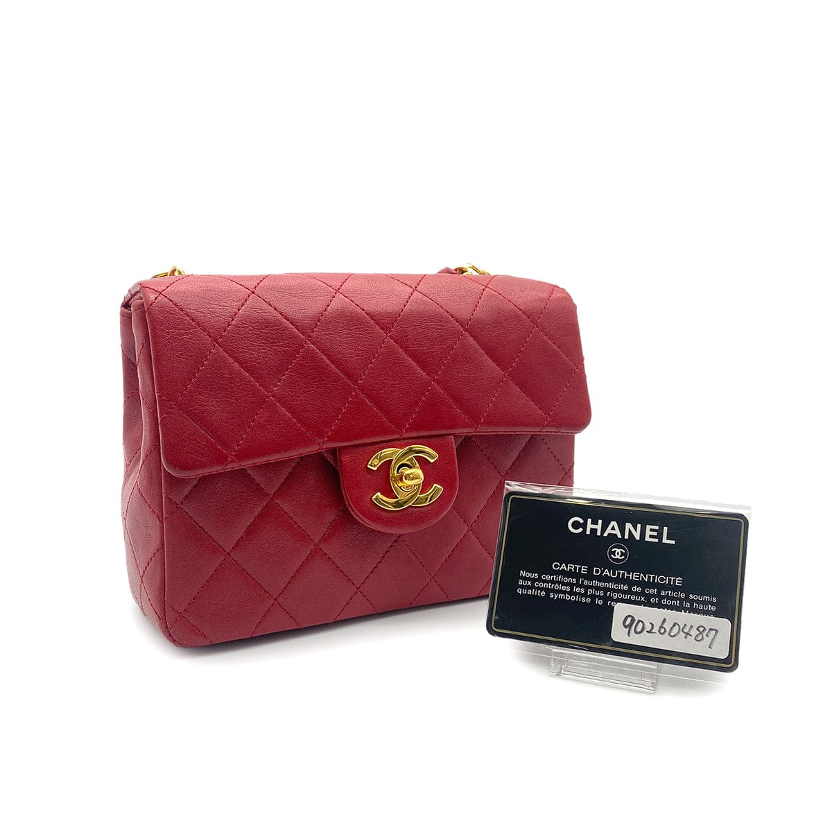 LUXURY PROMISE CHANEL VINTAGE MINI SQUARE 17 CHAIN HAND BAG RED LAMB SKIN 90260487