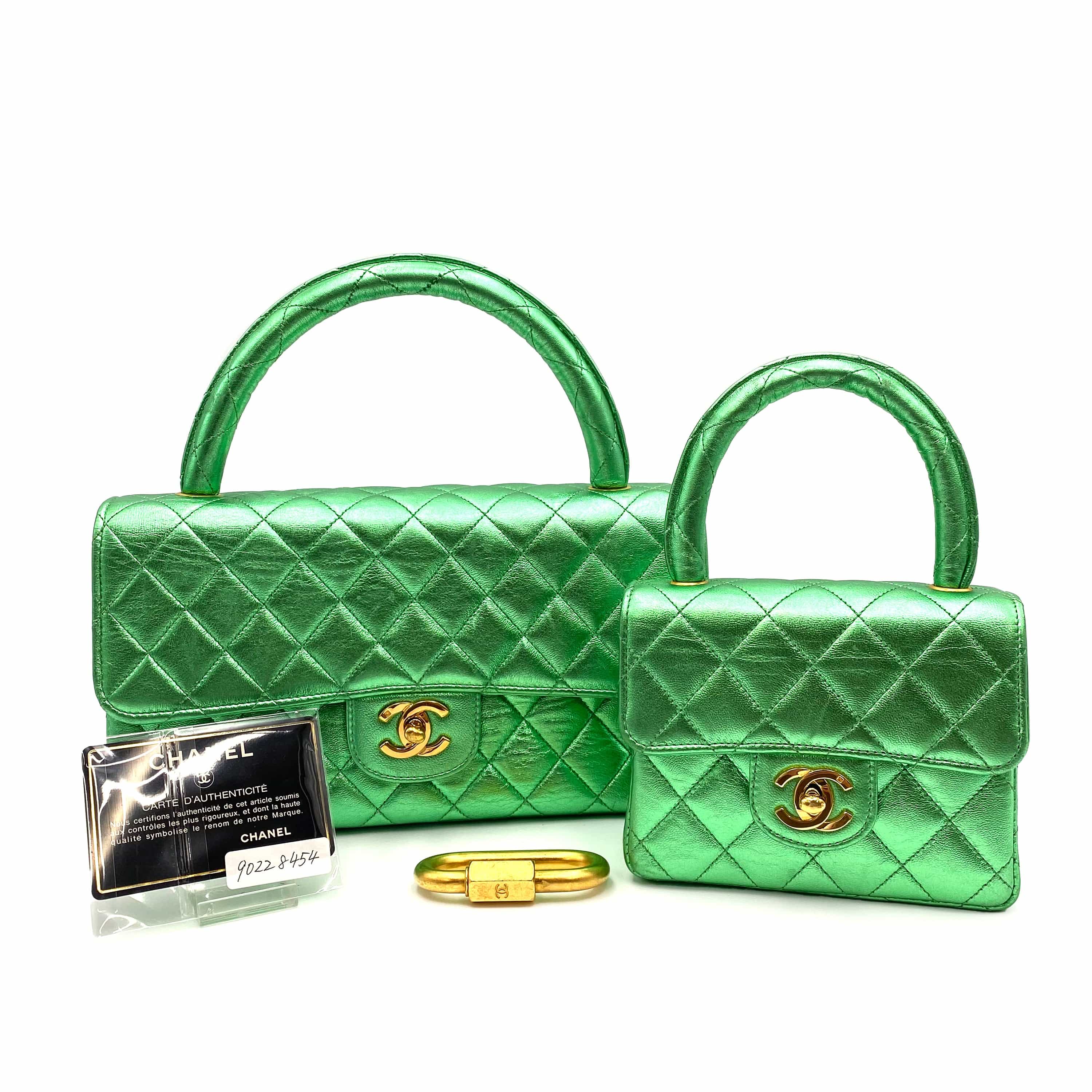 LUXURY PROMISE CHANEL VINTAGE PARENT-CHILD BAG METALLIC GREEN LAMB SKIN 90228454