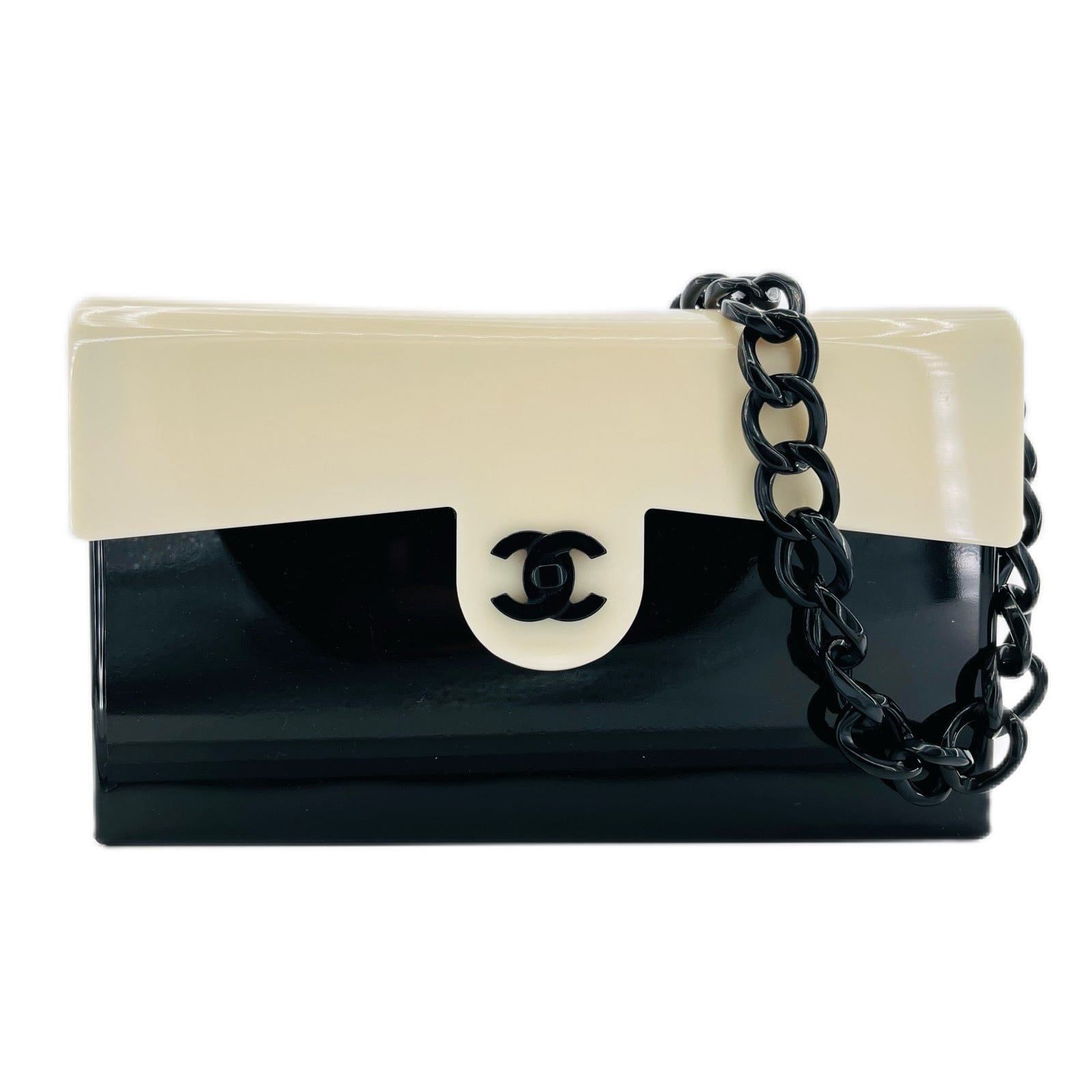 Luxury Promise CHANEL VINTAGE PLASTIC CHAIN SHOULDER BAG BLACK WHITE PLASTIC 90208105